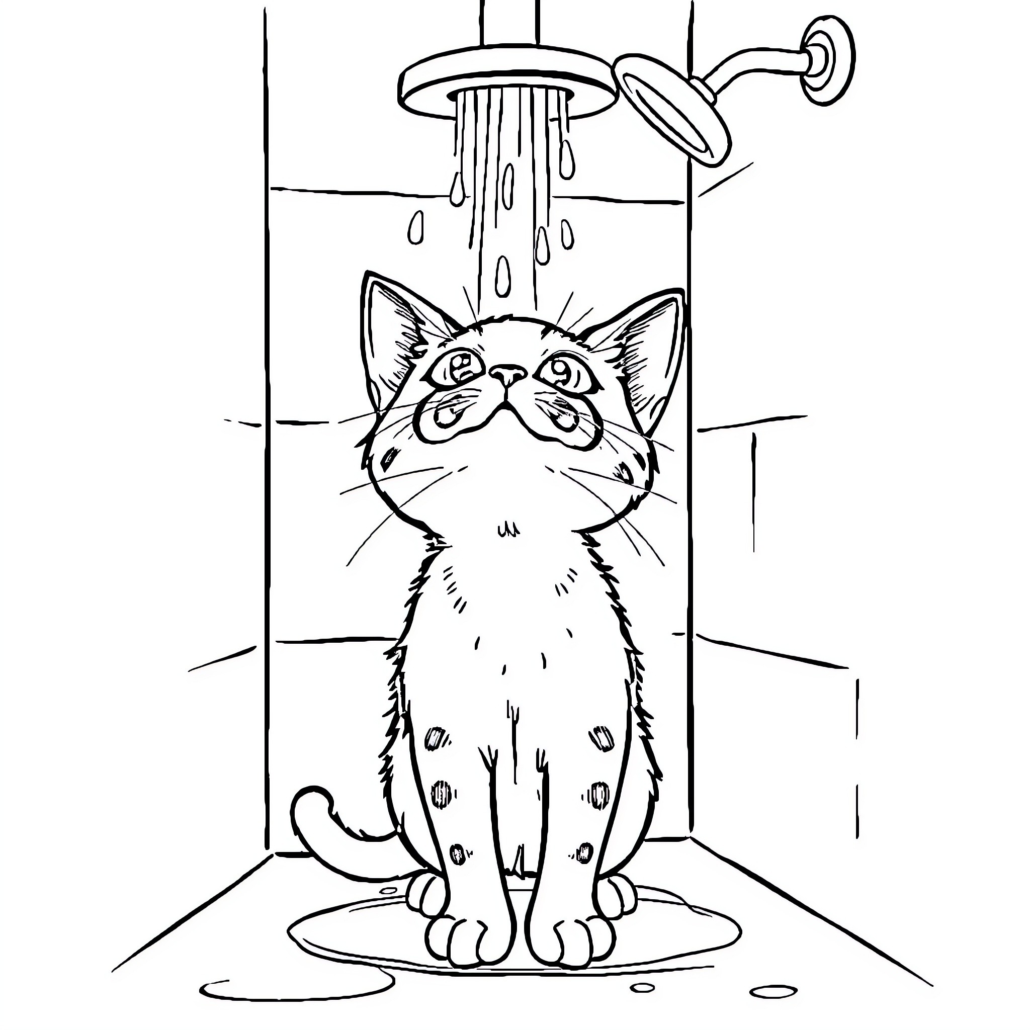 Cat enjoying a shower under water faucet Coloring Page (free black-and-white line drawing printable PDF for all, from beginners to advanced learners, including children, teens, adults, and seniors)