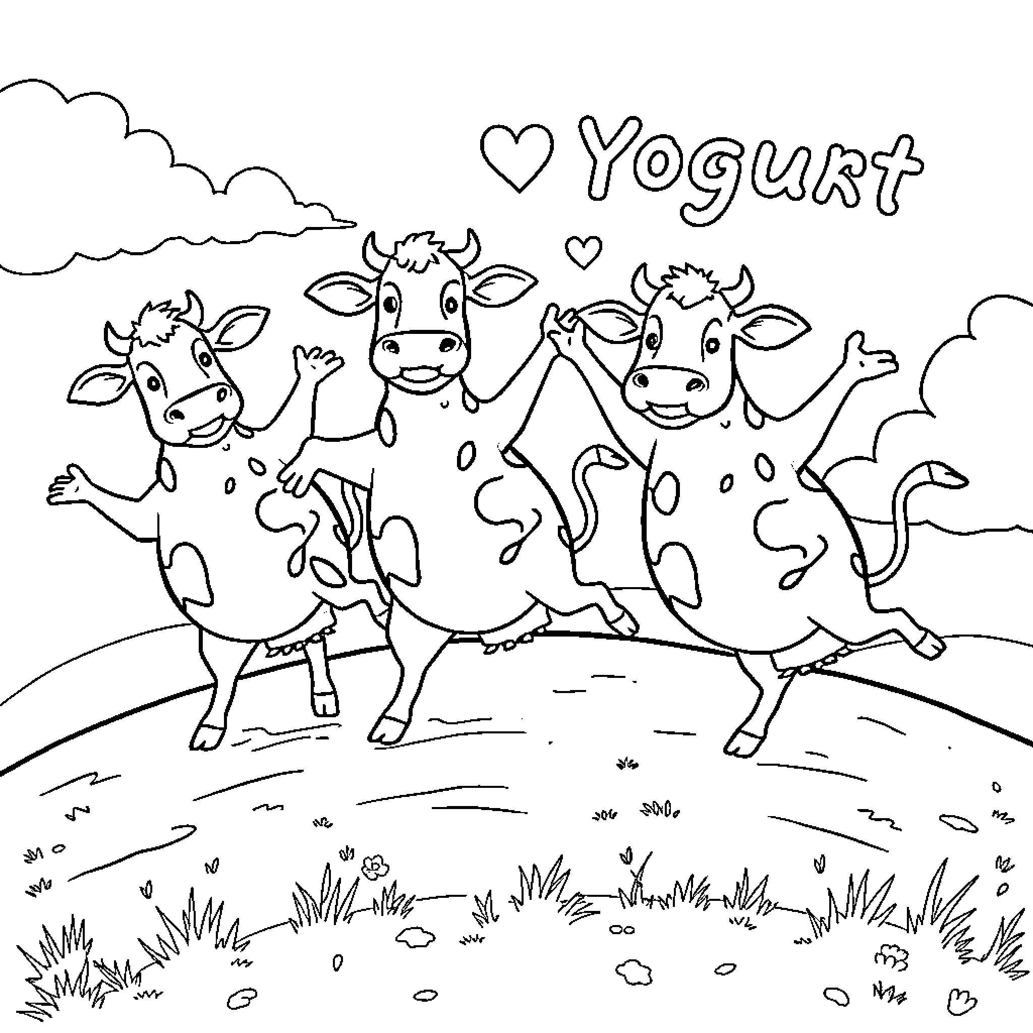 Cow friends enjoying a playful yogurt break Coloring Page (free black-and-white line drawing printable PDF for all, from beginners to advanced learners, including children, teens, adults, and seniors)