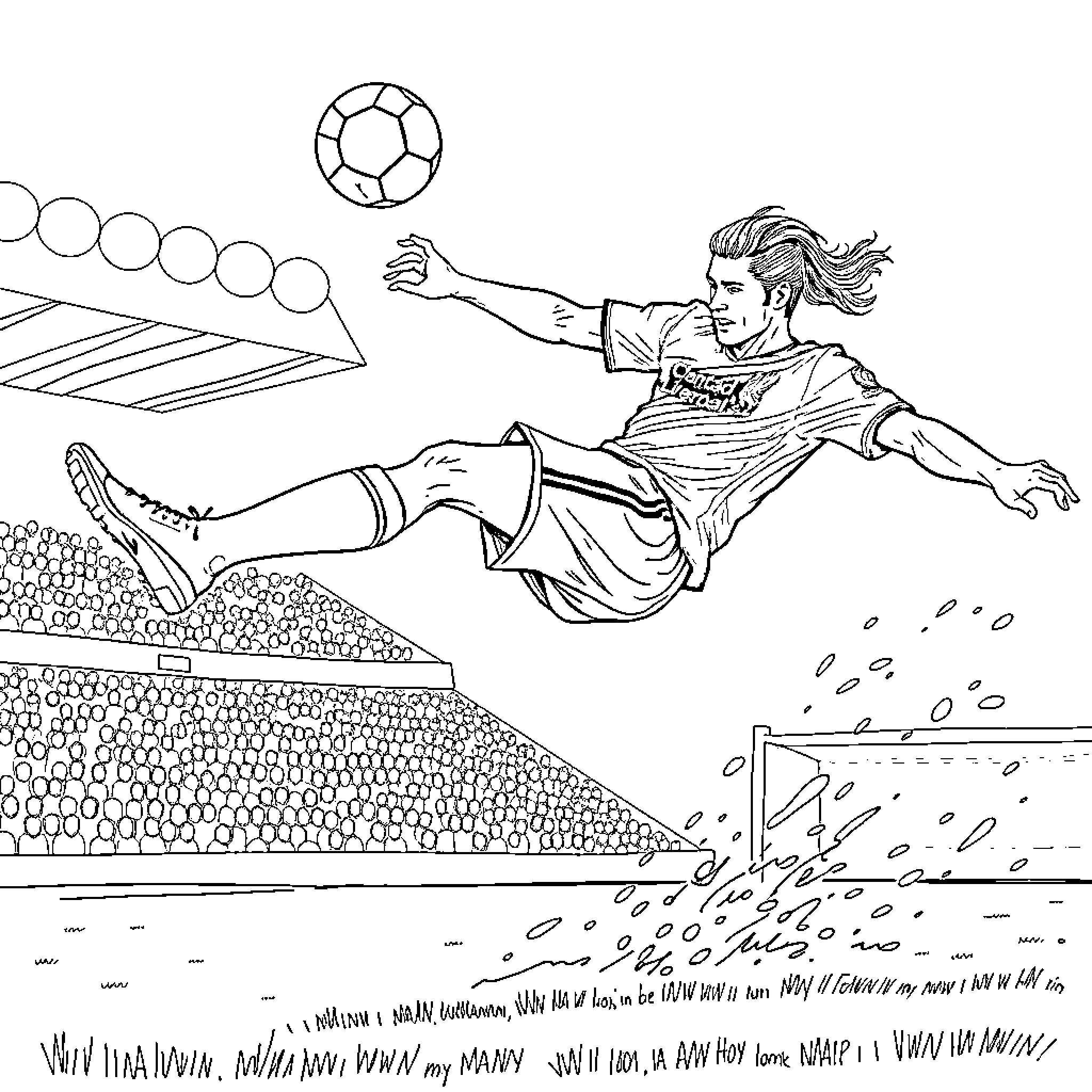 Ronaldinho's Acrobatic Soccer Moves on the Field Coloring Page (free black-and-white line drawing printable PDF for all, from beginners to advanced learners, including children, teens, adults, and seniors)