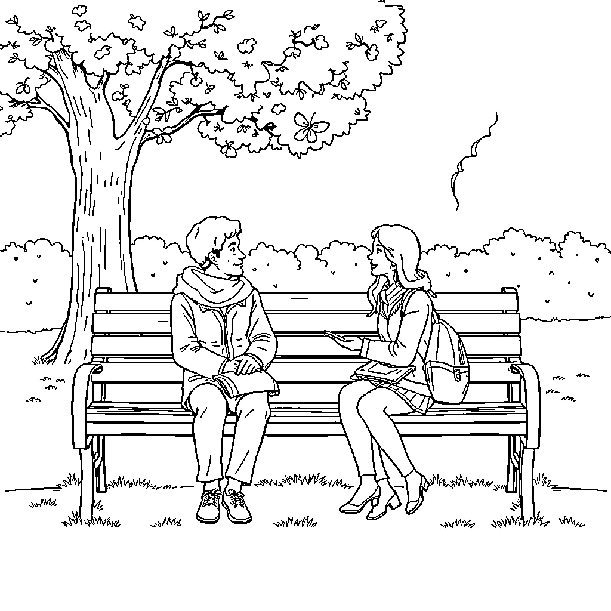 Cat couple enjoying a conversation on a park bench Coloring Page (free black-and-white line drawing printable PDF for all, from beginners to advanced learners, including children, teens, adults, and seniors)