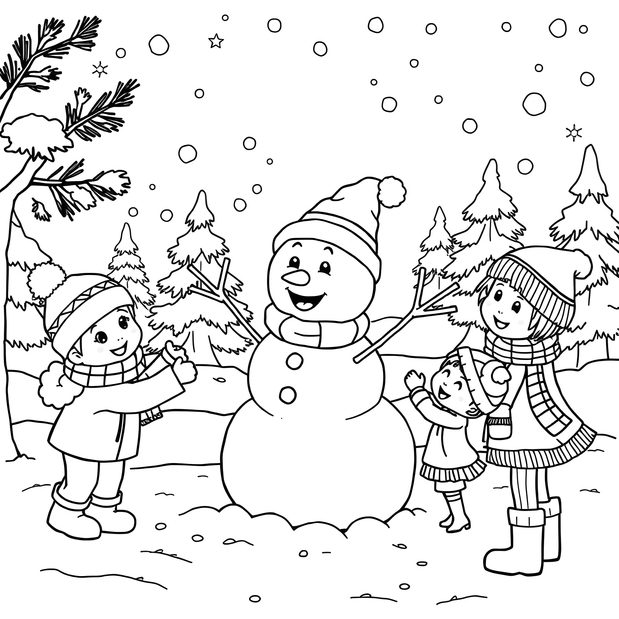 Bluey and friends playing in the snowy winter wonderland Coloring Page (free black-and-white line drawing printable PDF for all, from beginners to advanced learners, including children, teens, adults, and seniors)
