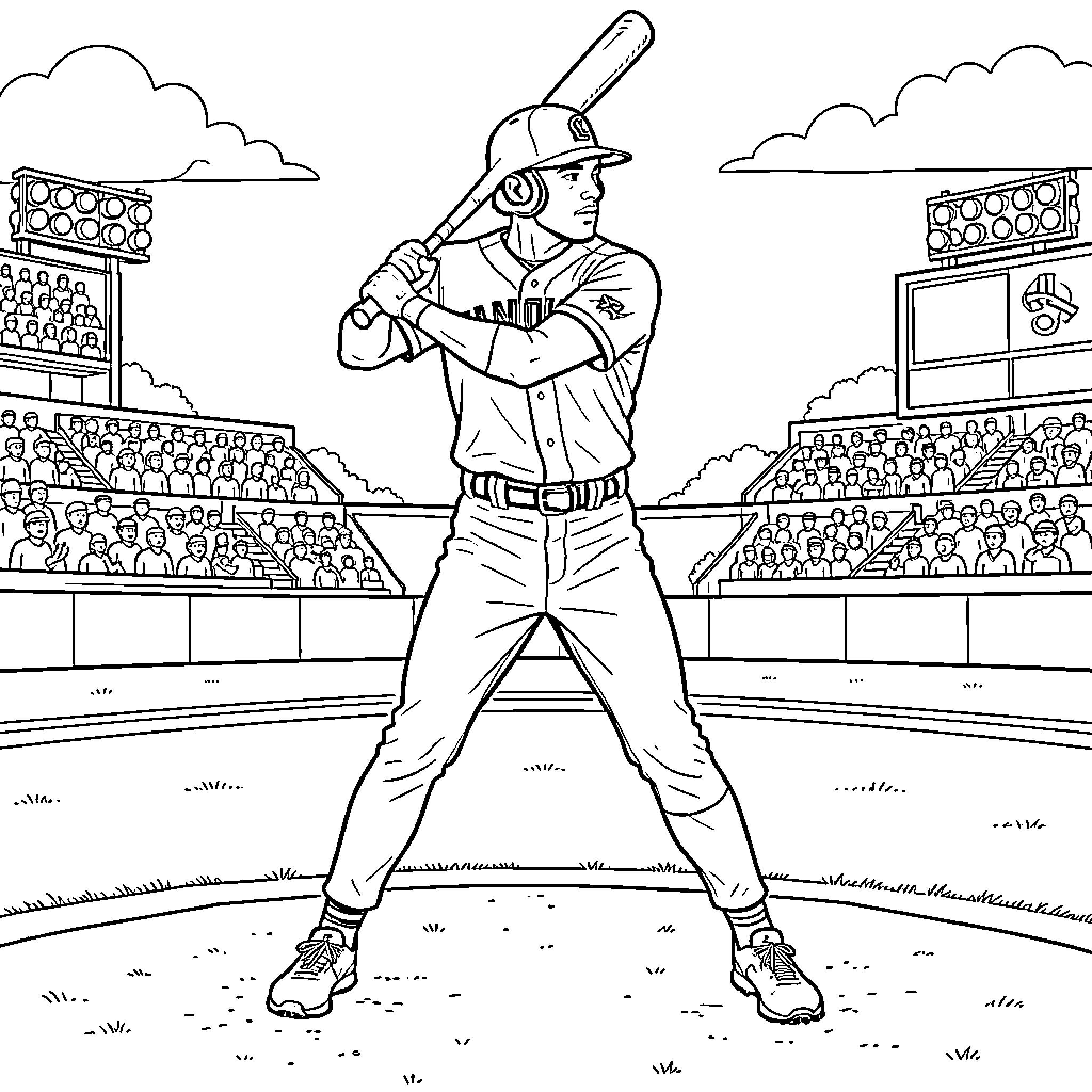 Ronald Acuna Jr swinging a baseball bat in a stadium Coloring Page (free black-and-white line drawing printable PDF for all, from beginners to advanced learners, including children, teens, adults, and seniors)