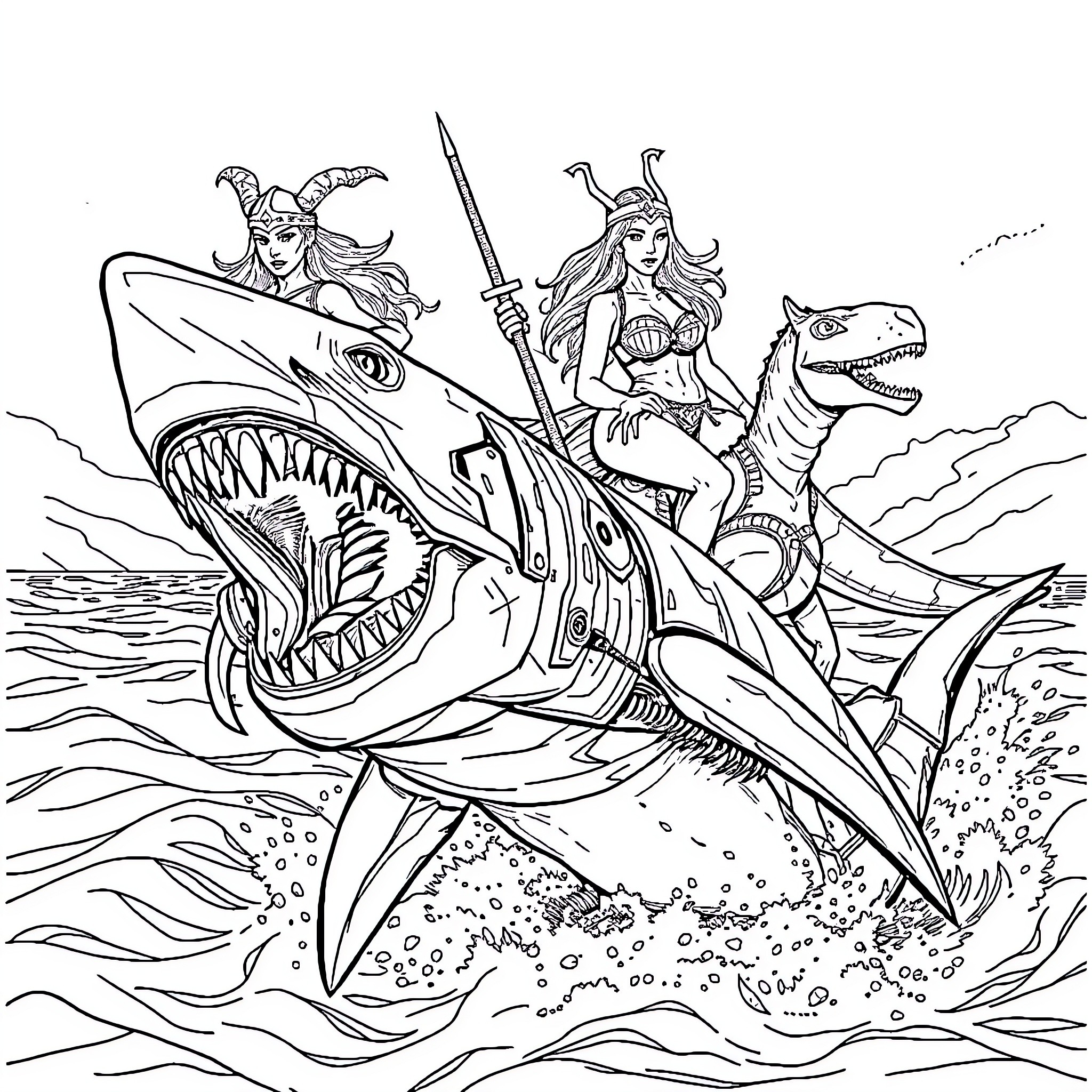 Cyborg Shark Warrior Princess Battles Fearsome Predator Coloring Page (free black-and-white line drawing printable PDF for all, from beginners to advanced learners, including children, teens, adults, and seniors)