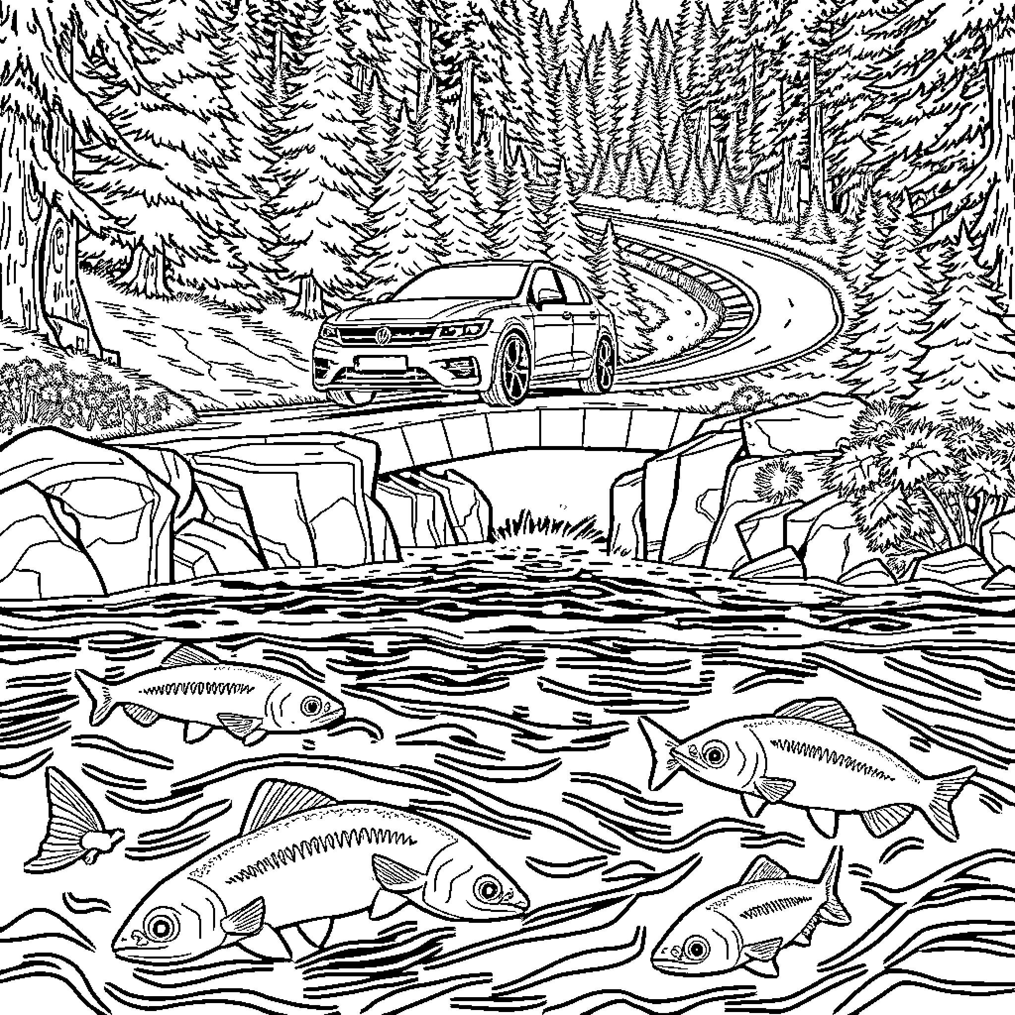 Car navigating winding road through snowy forest Coloring Page (free black-and-white line drawing printable PDF for all, from beginners to advanced learners, including children, teens, adults, and seniors)