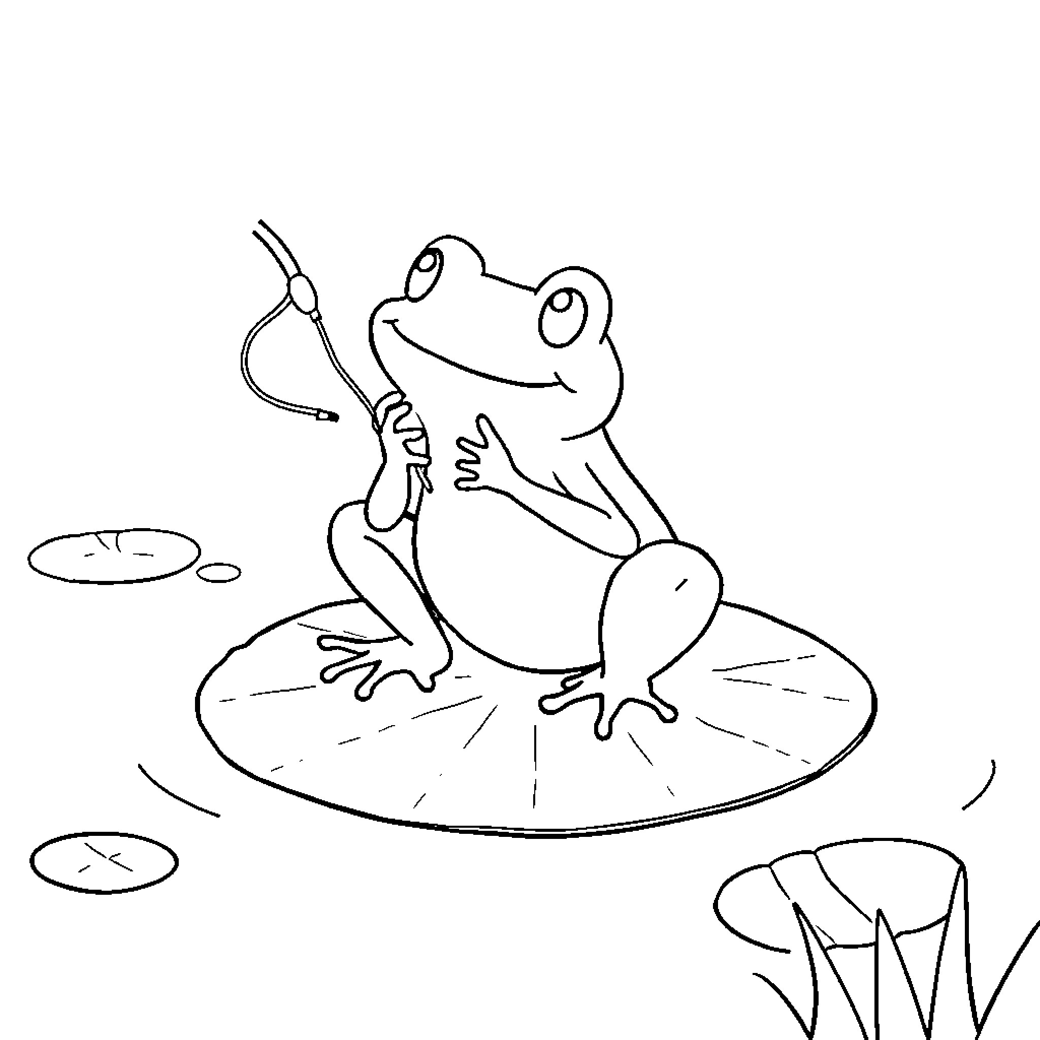 Frog sitting on lily pad looking curious Coloring Page (free black-and-white line drawing printable PDF for all, from beginners to advanced learners, including children, teens, adults, and seniors)