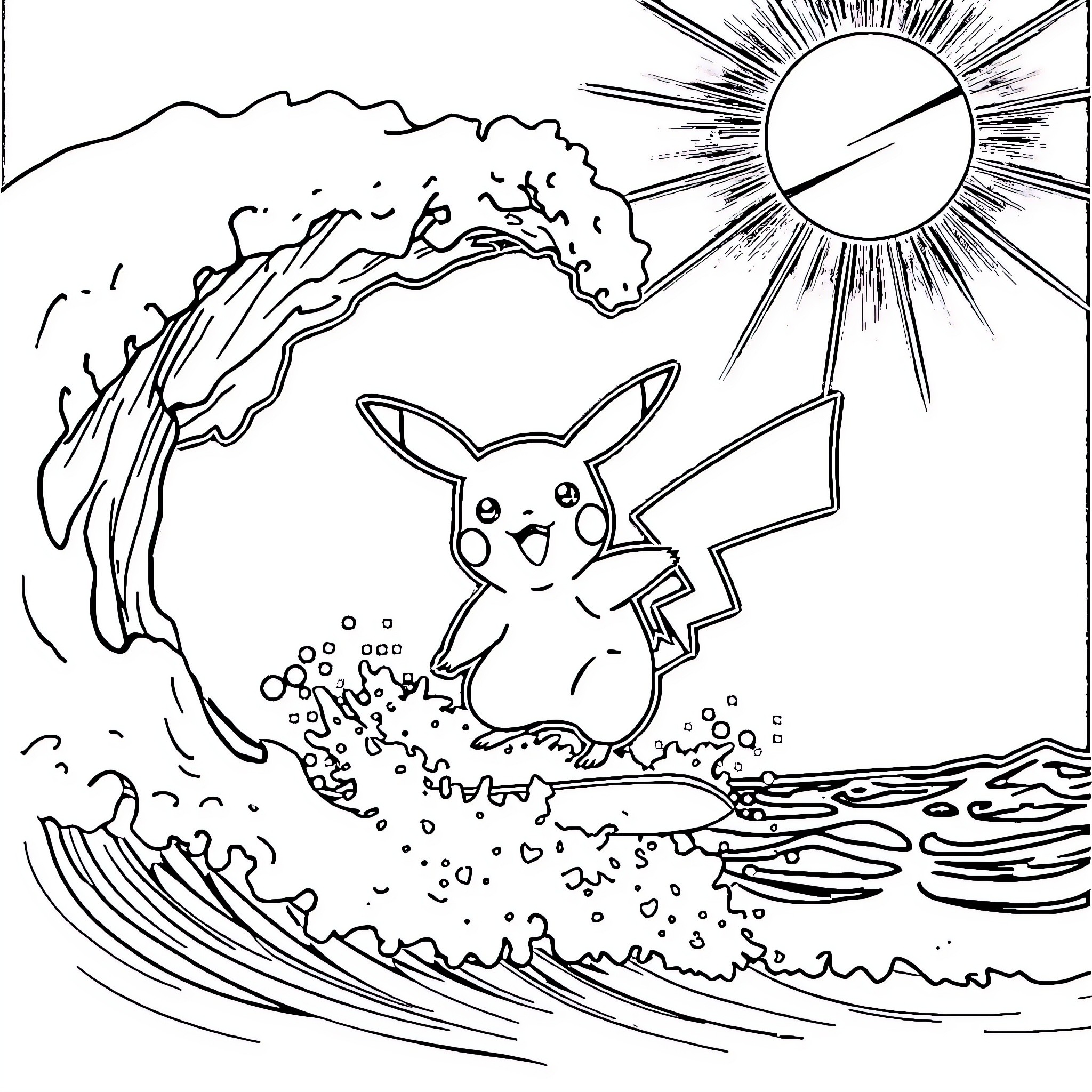 Pikachu surfing on a wave with a sun in the sky Coloring Page (free black-and-white line drawing printable PDF for all, from beginners to advanced learners, including children, teens, adults, and seniors)