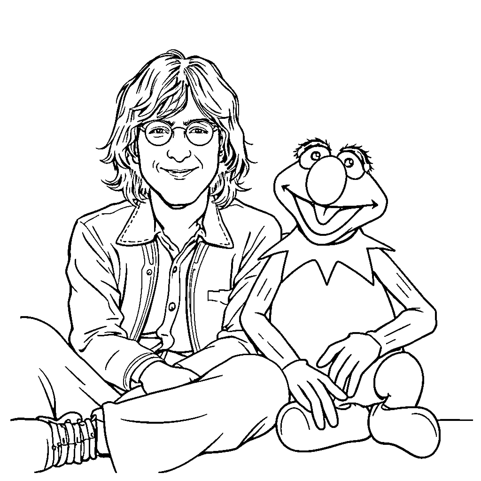 John Lennon posing with a Muppet character Coloring Page (free black-and-white line drawing printable PDF for all, from beginners to advanced learners, including children, teens, adults, and seniors)