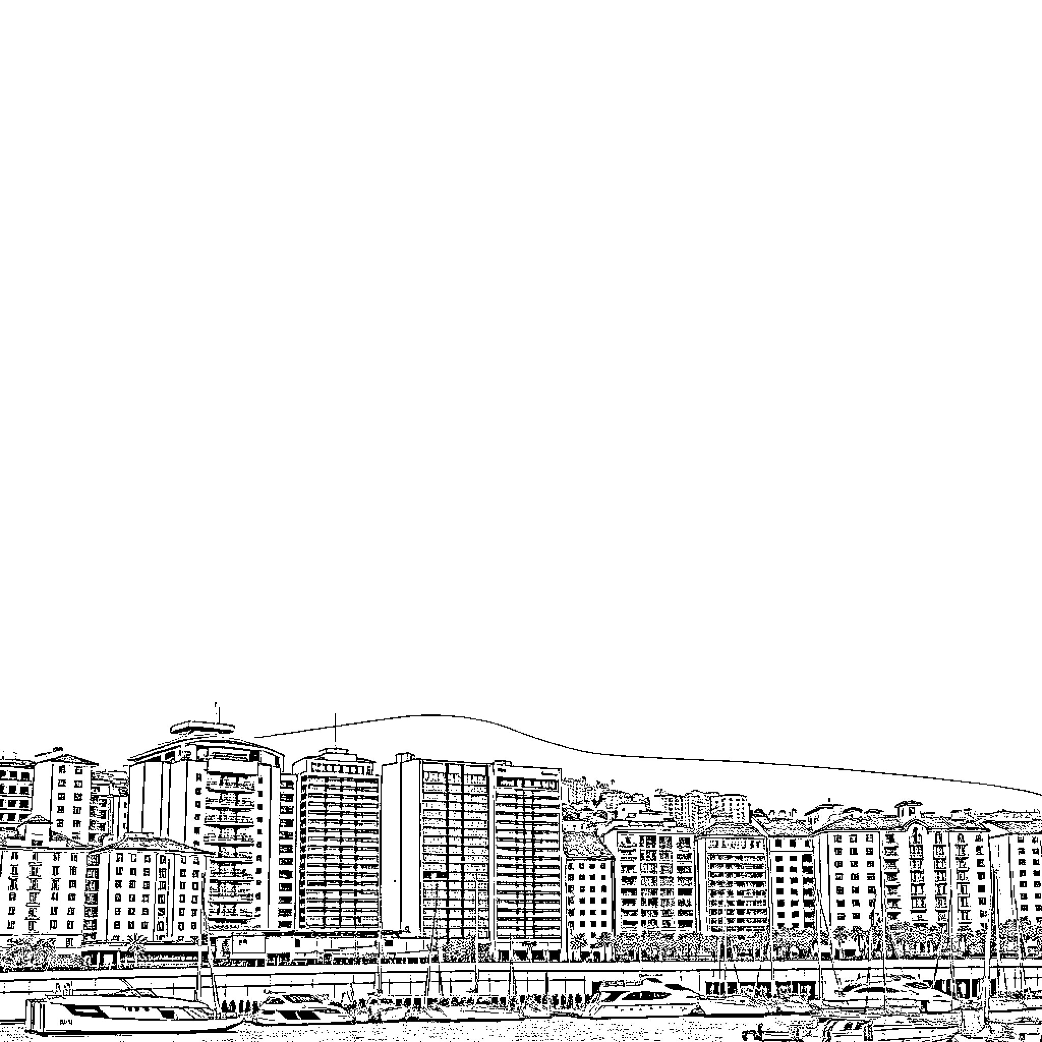 Marseille bustling cityscape with towering buildings Coloring Page (free black-and-white line drawing printable PDF for all, from beginners to advanced learners, including children, teens, adults, and seniors)