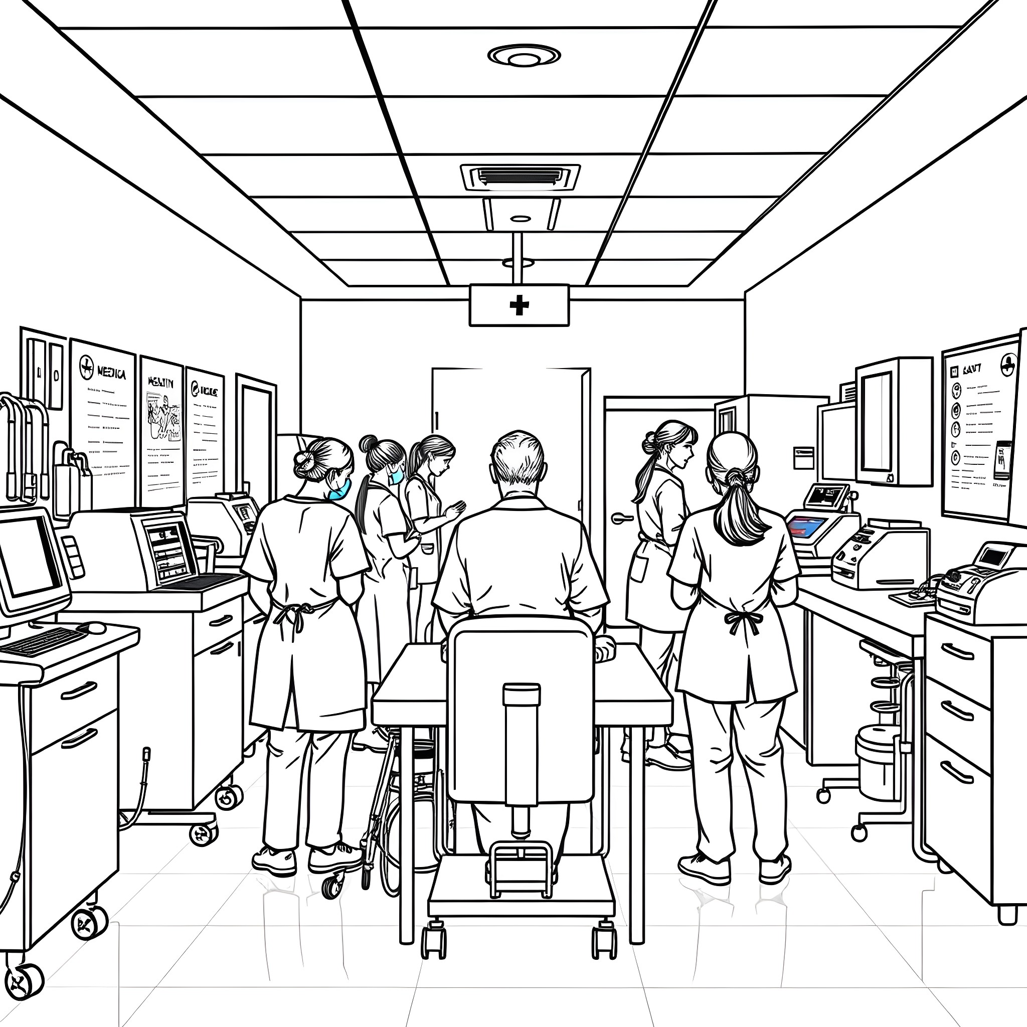 Nursing Station with Medical Professionals at Work Coloring Page (free black-and-white line drawing printable PDF for all, from beginners to advanced learners, including children, teens, adults, and seniors)