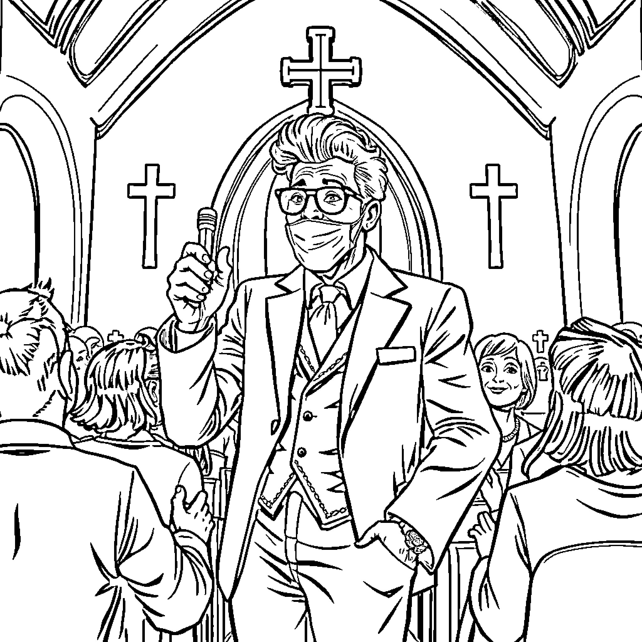 Dentist Preaching to Congregation in Church Coloring Page (free black-and-white line drawing printable PDF for all, from beginners to advanced learners, including children, teens, adults, and seniors)