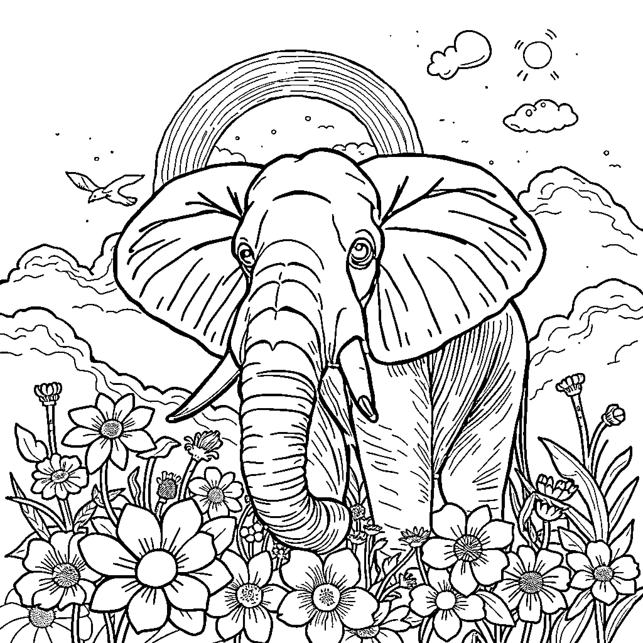 Elephant surrounded by colorful flowers and nature Coloring Page (free black-and-white line drawing printable PDF for all, from beginners to advanced learners, including children, teens, adults, and seniors)