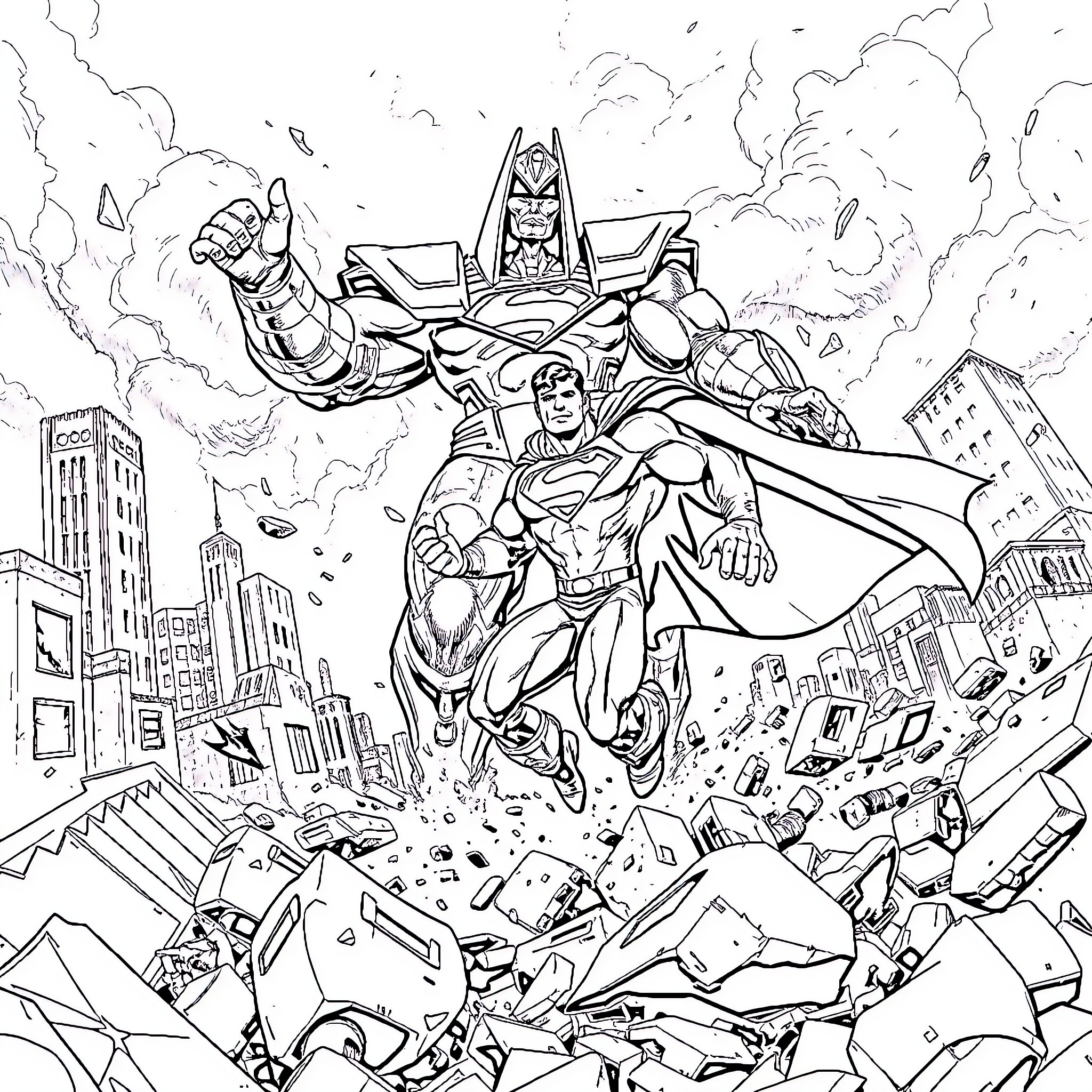 Superman heroically rescuing citizens during a city crisis Coloring Page (free black-and-white line drawing printable PDF for all, from beginners to advanced learners, including children, teens, adults, and seniors)