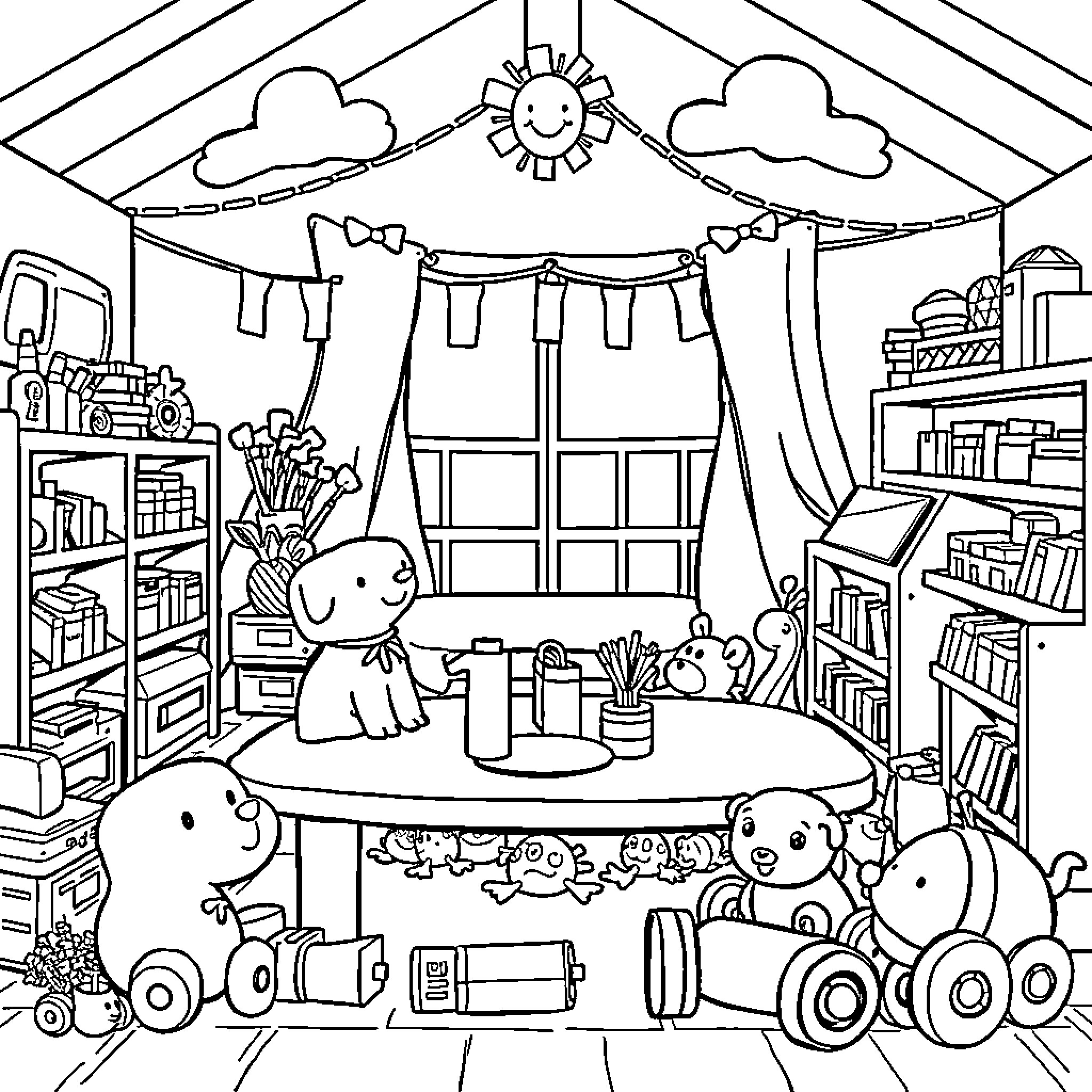Toy animals having a picnic in a cozy playroom Coloring Page (free black-and-white line drawing printable PDF for all, from beginners to advanced learners, including children, teens, adults, and seniors)