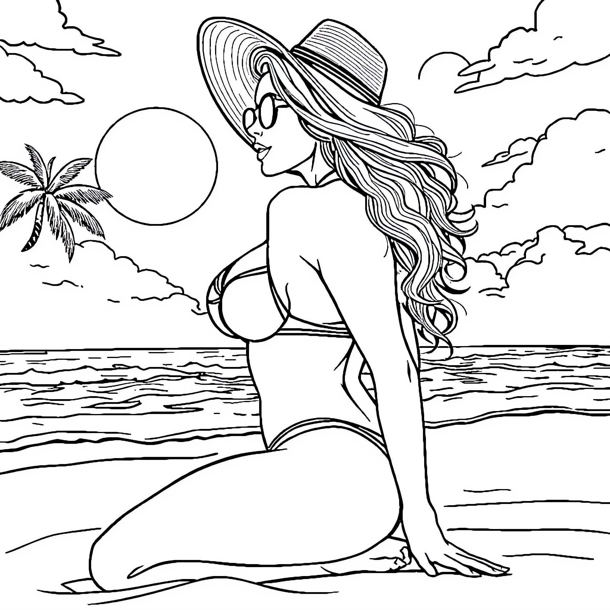 Woman enjoying the sunset on the beach Coloring Page (free black-and-white line drawing printable PDF for all, from beginners to advanced learners, including children, teens, adults, and seniors)