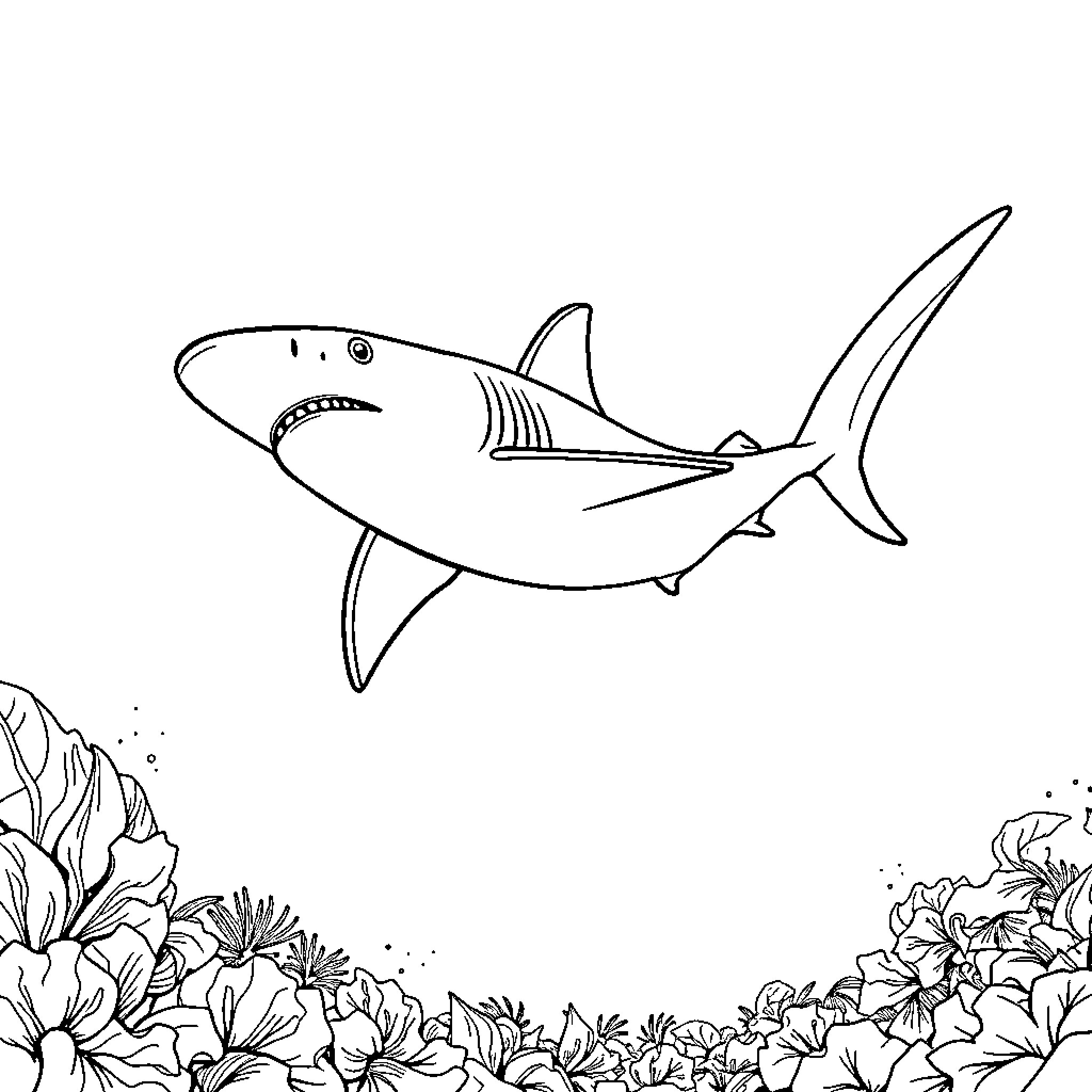 Thresher Shark swimming through vibrant undersea landscape Coloring Page (free black-and-white line drawing printable PDF for all, from beginners to advanced learners, including children, teens, adults, and seniors)