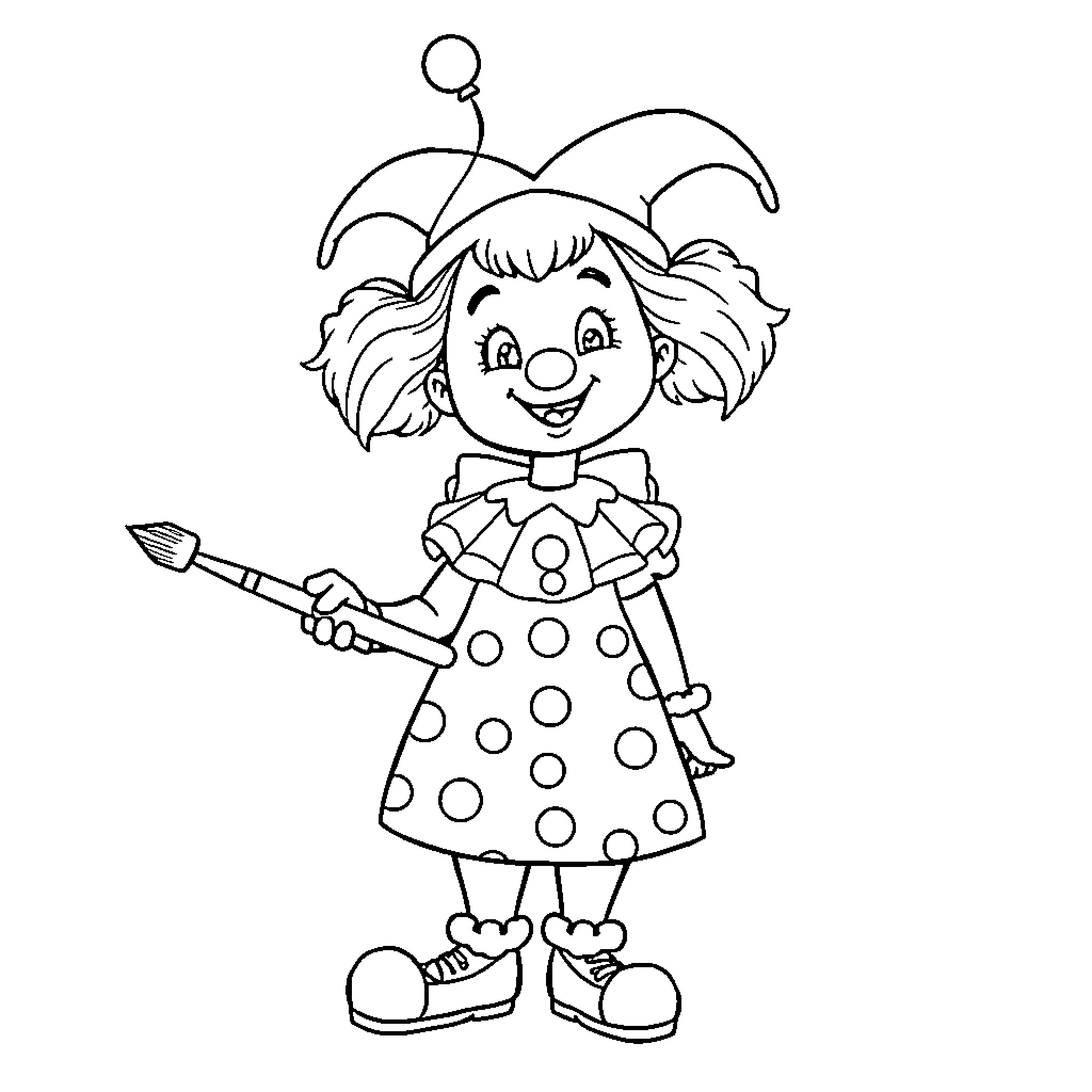 Clown in polka dot dress holding a paintbrush Coloring Page (free black-and-white line drawing printable PDF for all, from beginners to advanced learners, including children, teens, adults, and seniors)