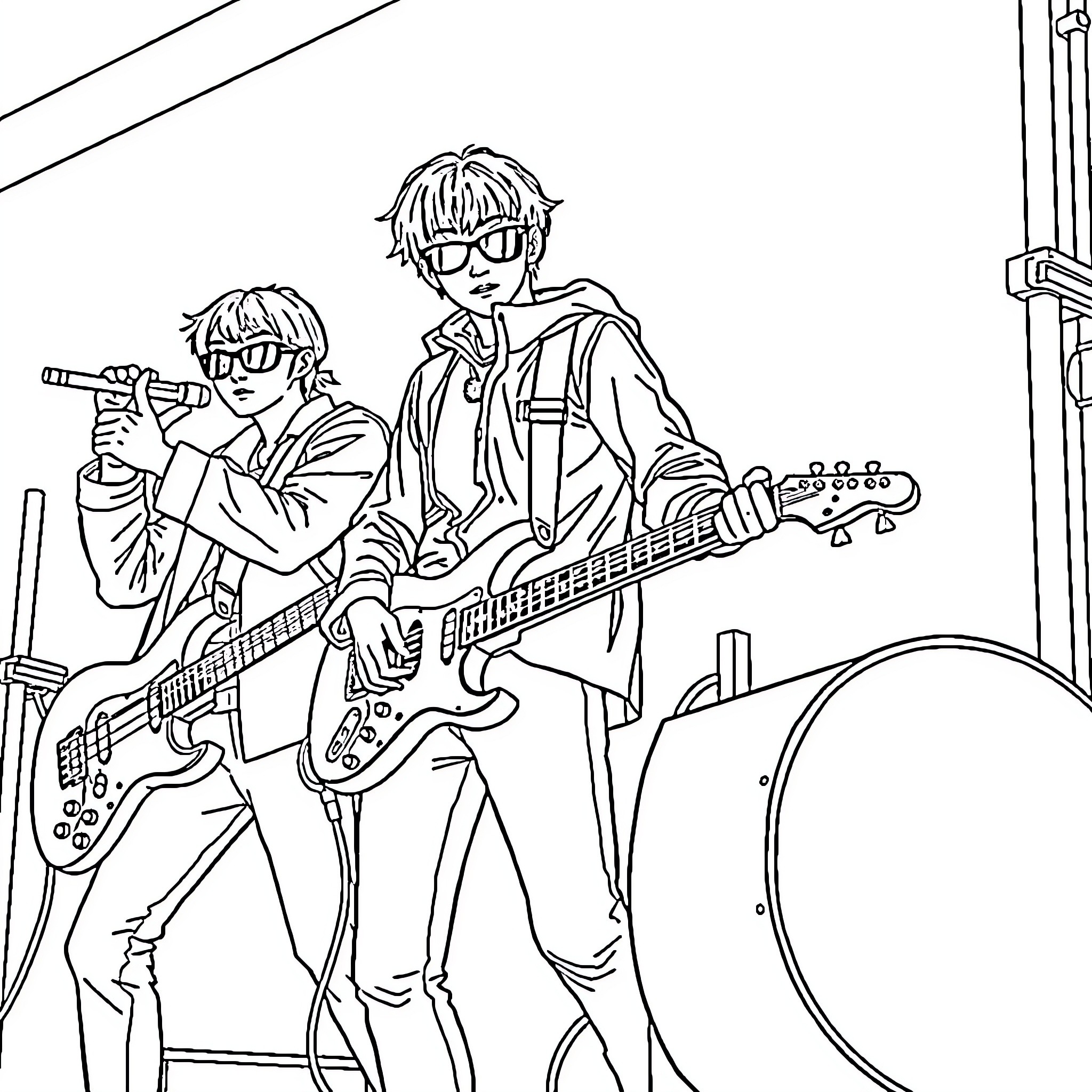 K-pop Hunter Capturing Rock Star Performance Coloring Page (free black-and-white line drawing printable PDF for all, from beginners to advanced learners, including children, teens, adults, and seniors)