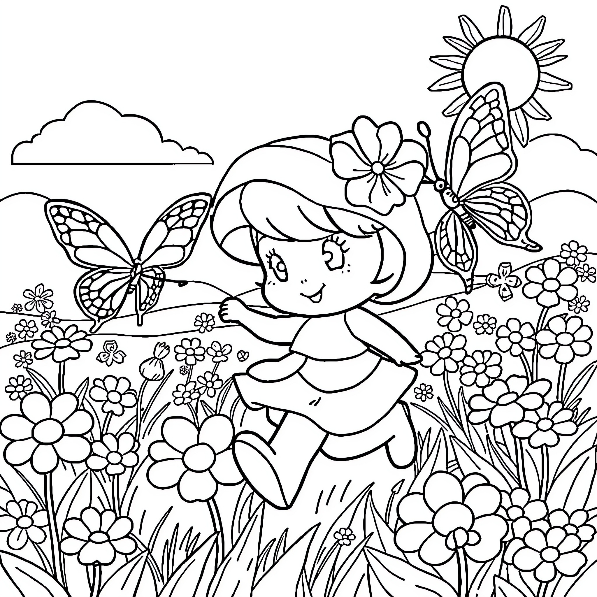 Strawberry Shortcake exploring a whimsical garden Coloring Page (free black-and-white line drawing printable PDF for all, from beginners to advanced learners, including children, teens, adults, and seniors)