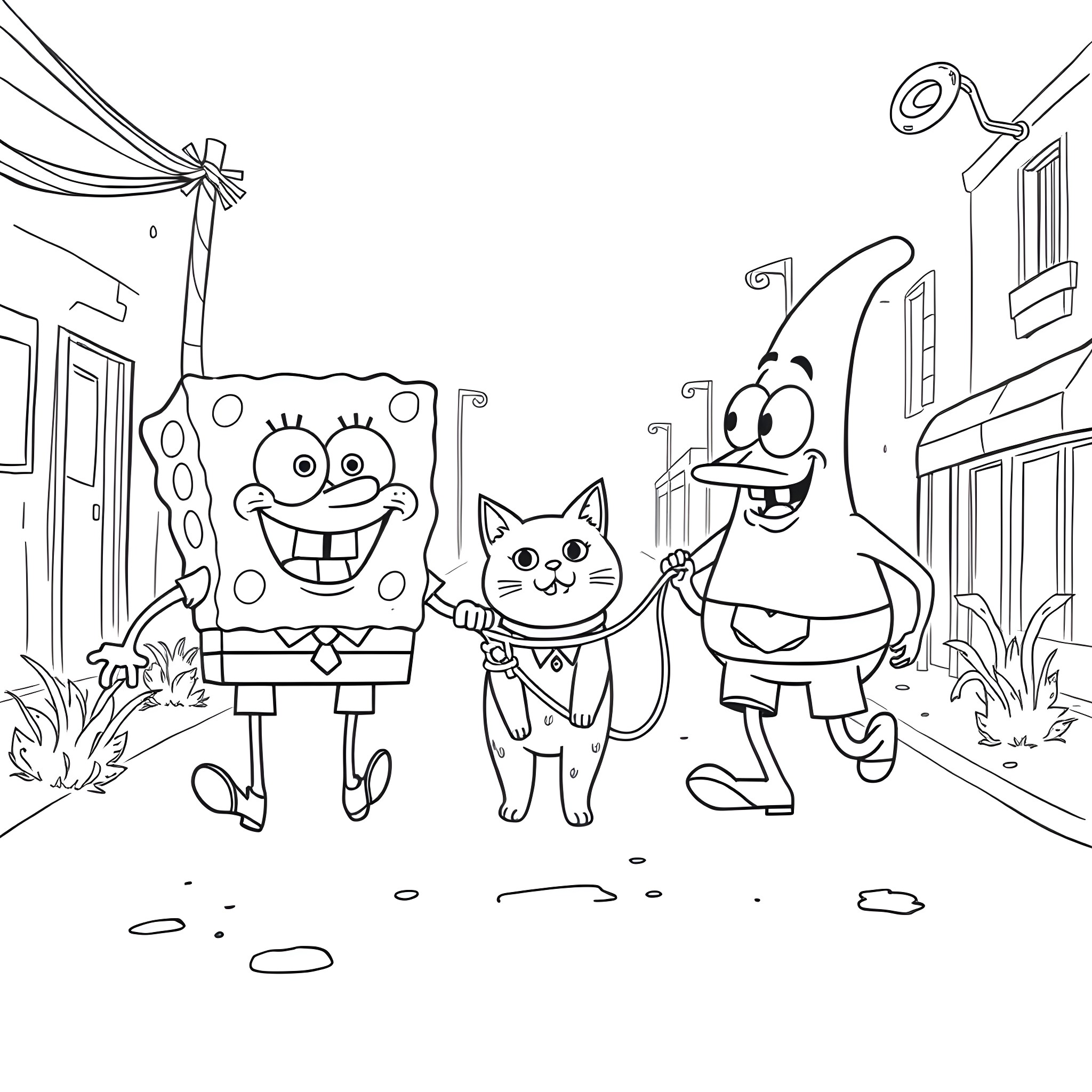 Spongebob and friends explore the neighborhood Coloring Page (free black-and-white line drawing printable PDF for all, from beginners to advanced learners, including children, teens, adults, and seniors)