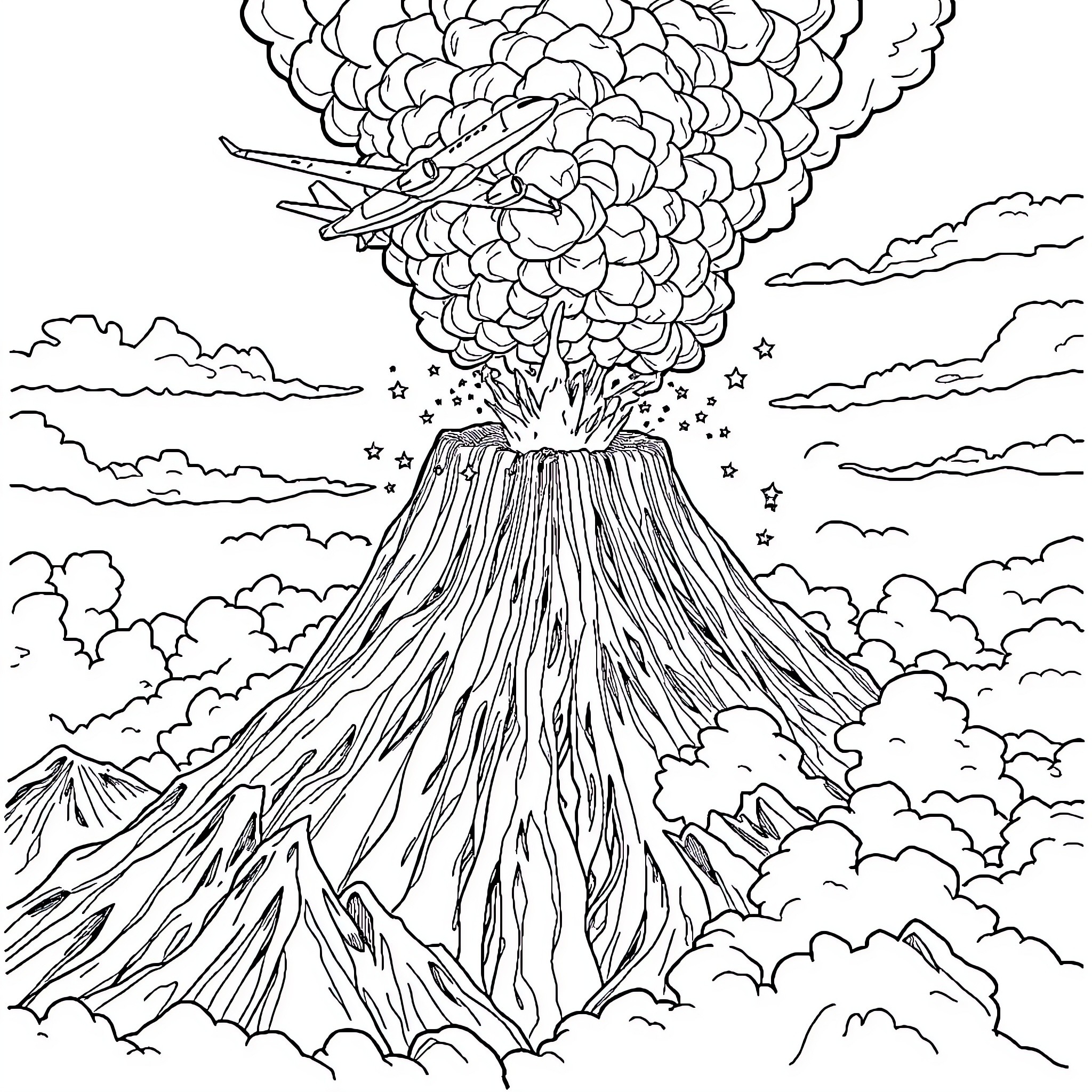 Airplane erupting from a volcanic mountain Coloring Page (free black-and-white line drawing printable PDF for all, from beginners to advanced learners, including children, teens, adults, and seniors)