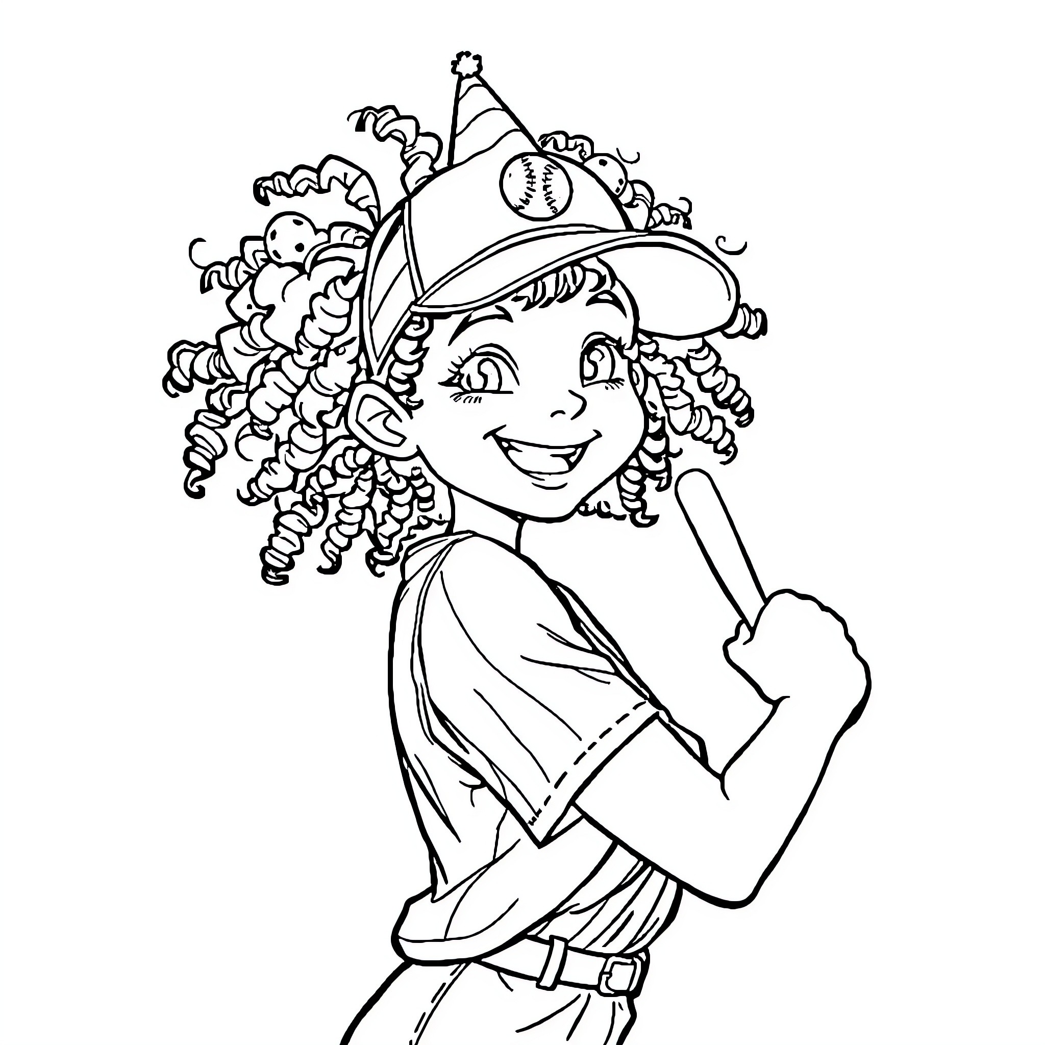 Birthday Girl Celebrating with Baseball Gear Coloring Page (free black-and-white line drawing printable PDF for all, from beginners to advanced learners, including children, teens, adults, and seniors)