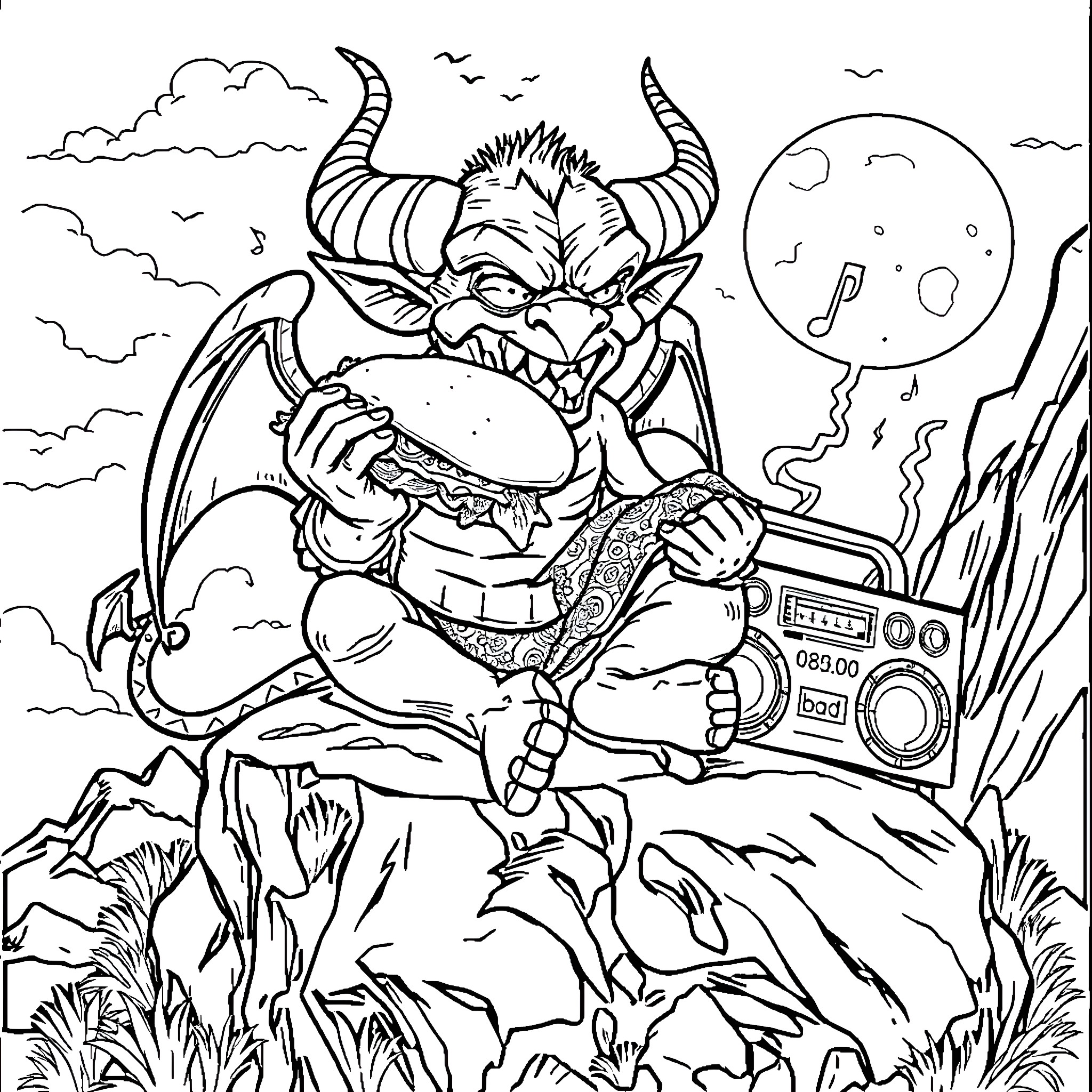 Demon Grilling Hamburger and Listening to Music in the Wilderness Coloring Page (free black-and-white line drawing printable PDF for all, from beginners to advanced learners, including children, teens, adults, and seniors)
