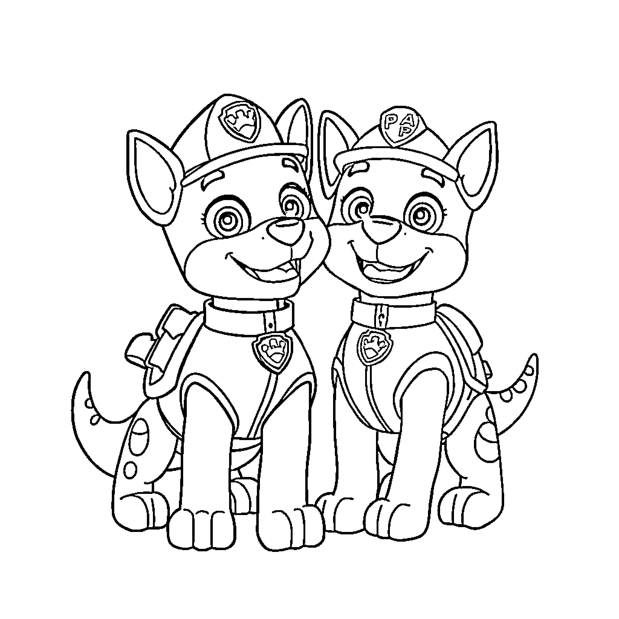 Pup friends in uniform playing together Coloring Page (free black-and-white line drawing printable PDF for all, from beginners to advanced learners, including children, teens, adults, and seniors)