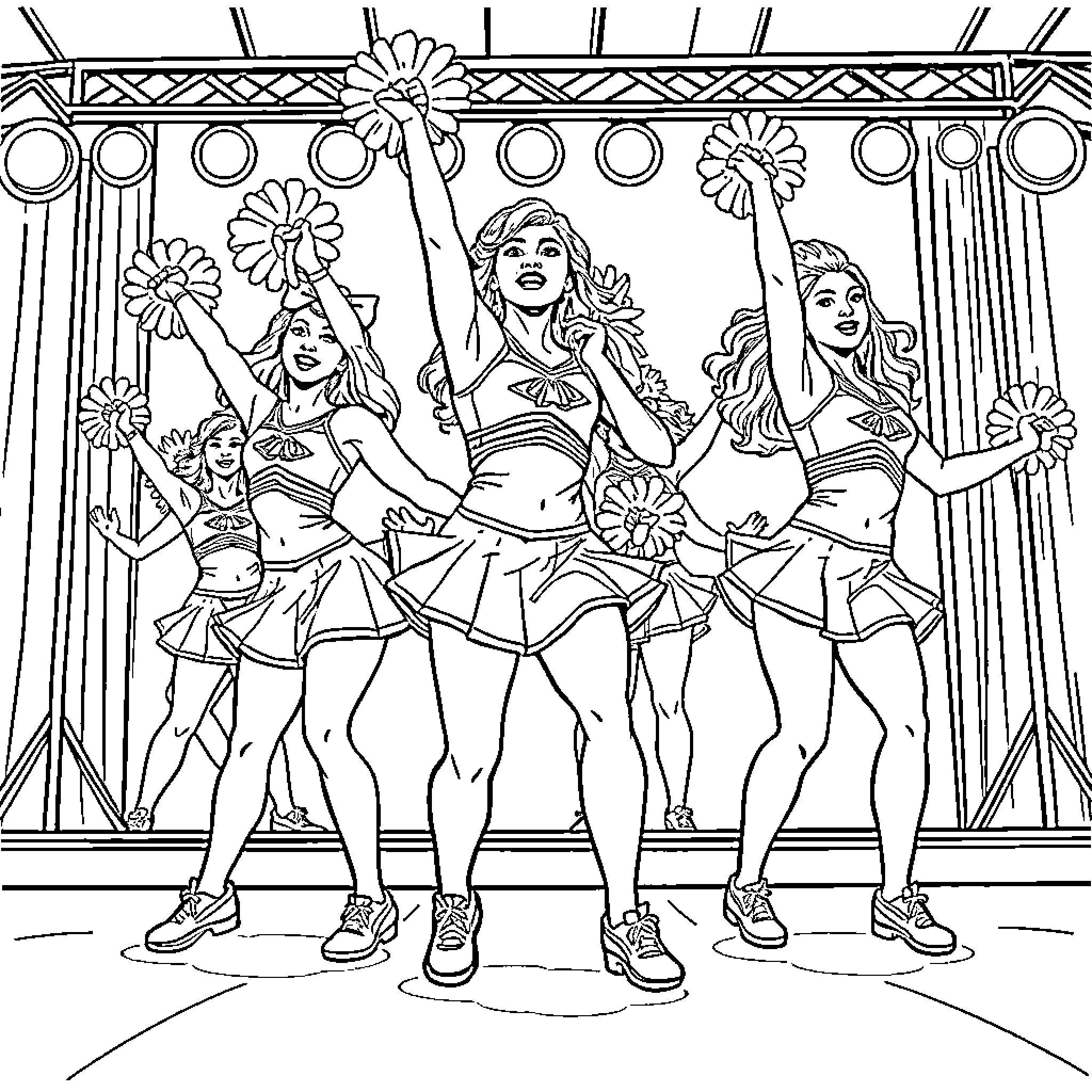 Cheerleaders performing high-energy dance routine on stage Coloring Page (free black-and-white line drawing printable PDF for all, from beginners to advanced learners, including children, teens, adults, and seniors)