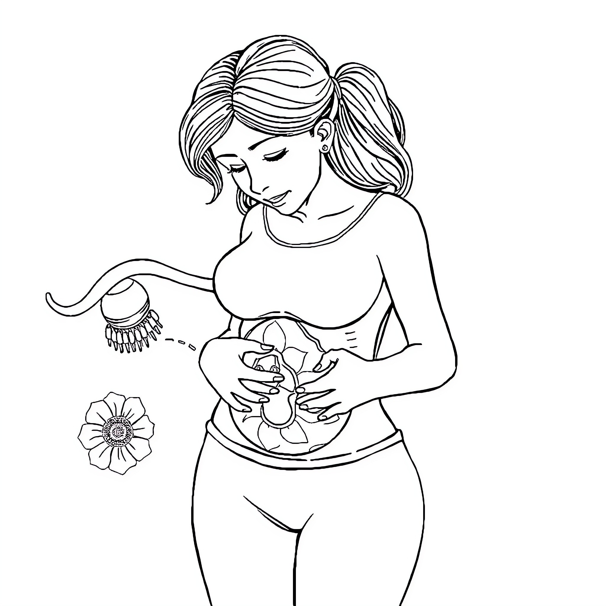 Amenorrhea: Woman caring for herself during a difficult time Coloring Page (free black-and-white line drawing printable PDF for all, from beginners to advanced learners, including children, teens, adults, and seniors)