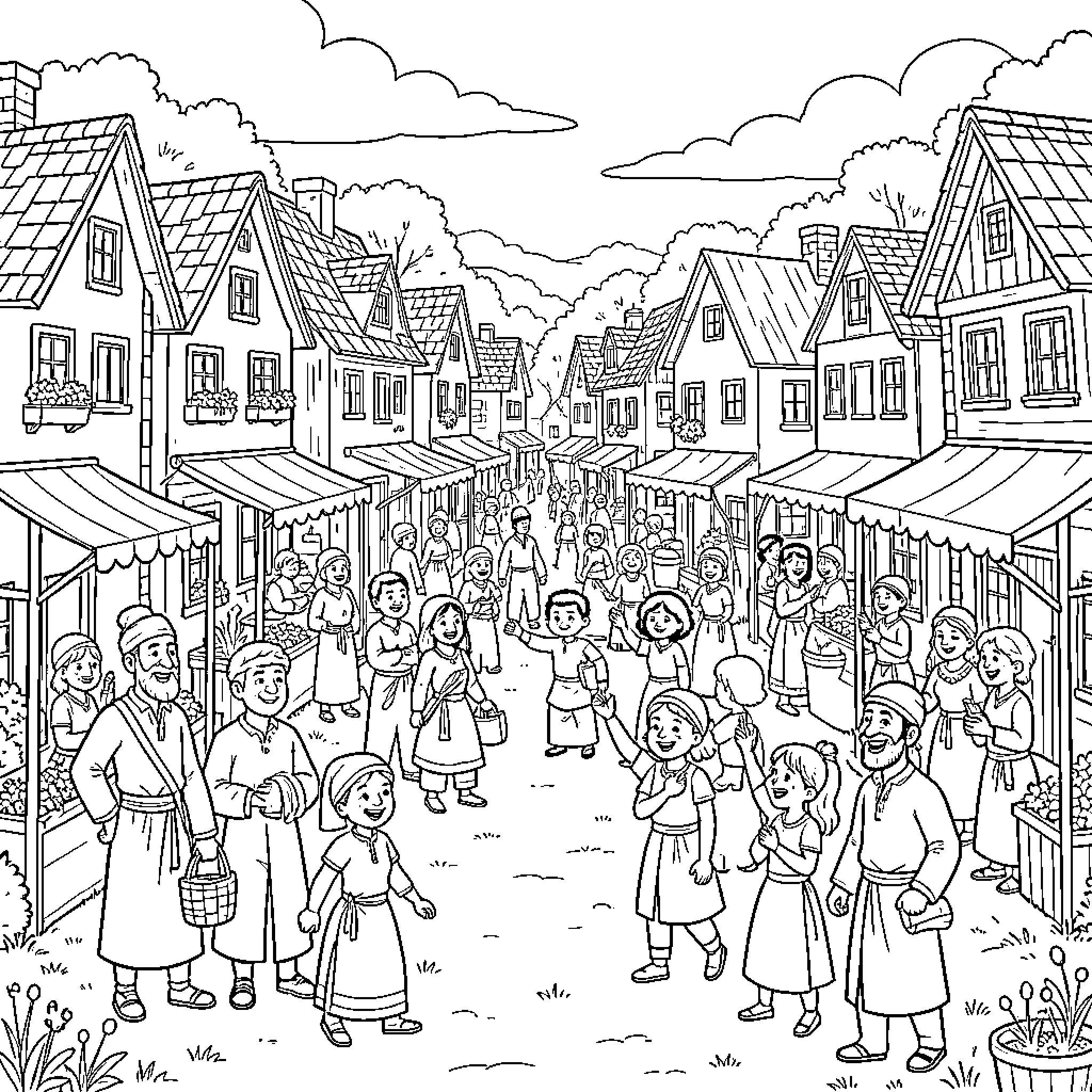 Mougou's Vibrant Village Scene Coloring Page (free black-and-white line drawing printable PDF for all, from beginners to advanced learners, including children, teens, adults, and seniors)