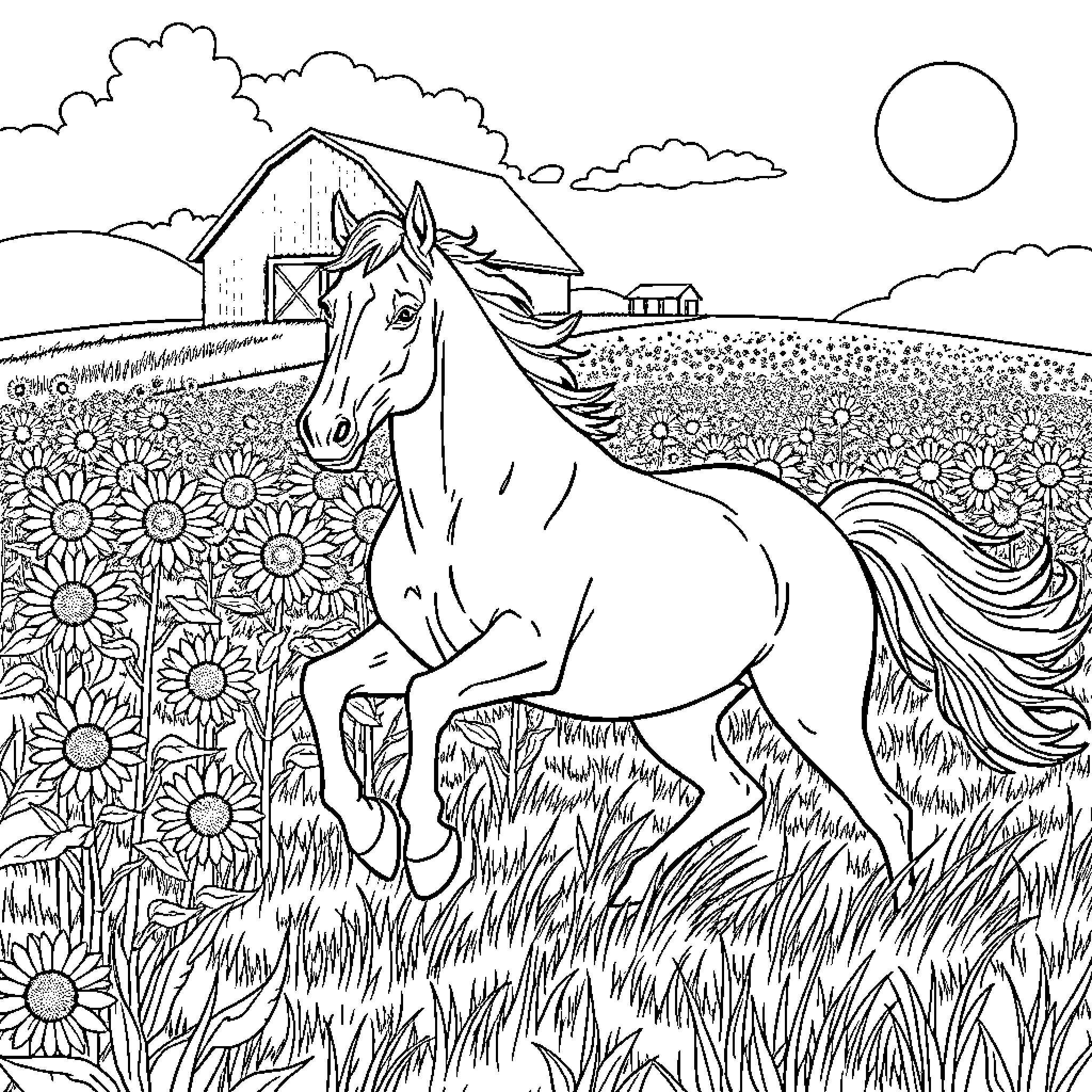 Horse running through sunflower field near barn Coloring Page (free black-and-white line drawing printable PDF for all, from beginners to advanced learners, including children, teens, adults, and seniors)