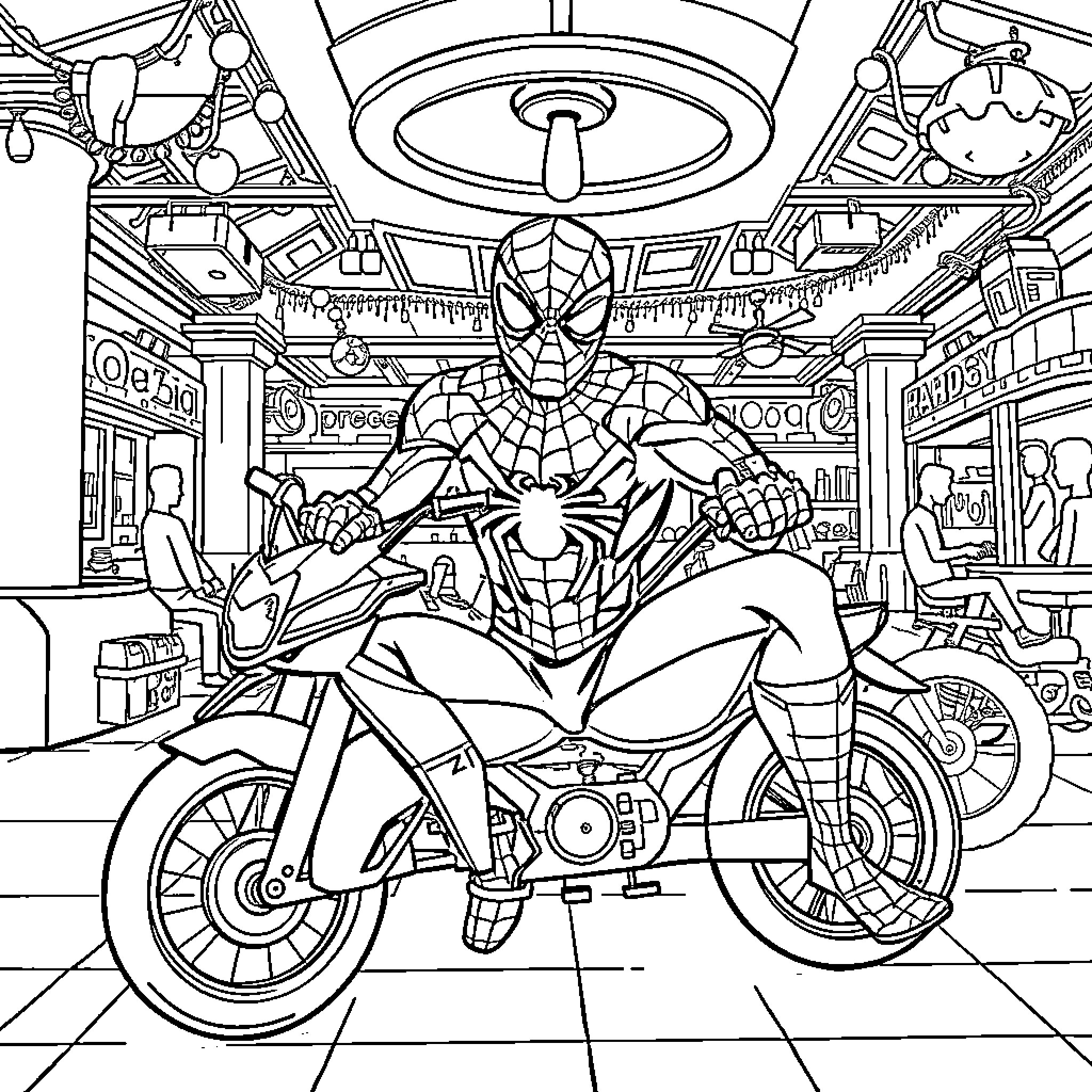 Spiderman riding motorcycle in city setting Coloring Page (free black-and-white line drawing printable PDF for all, from beginners to advanced learners, including children, teens, adults, and seniors)