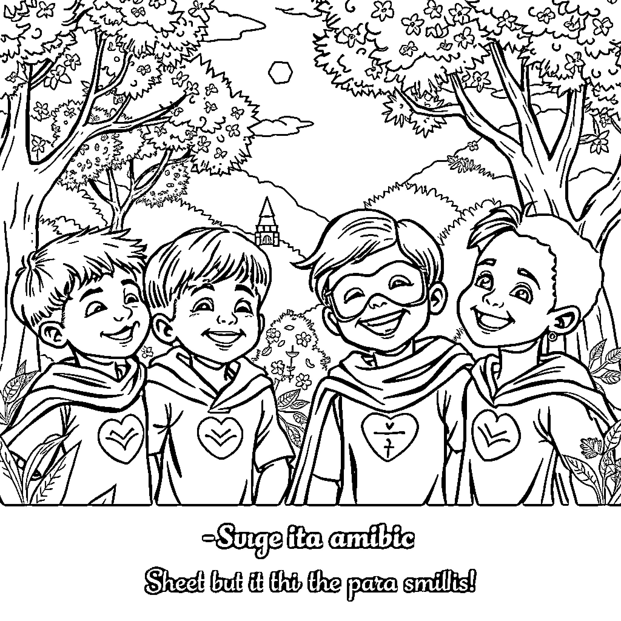Superheroes Smile and Spread Cheer Coloring Page (free black-and-white line drawing printable PDF for all, from beginners to advanced learners, including children, teens, adults, and seniors)