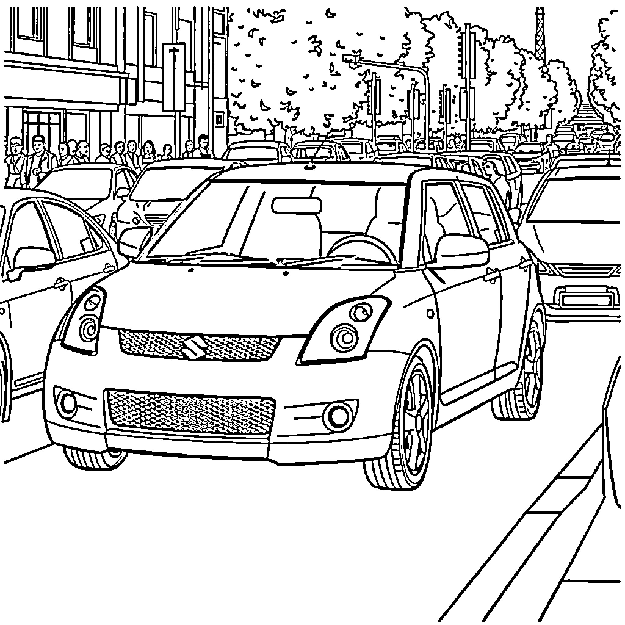 Suzuki hatchback on a busy city street Coloring Page (free black-and-white line drawing printable PDF for all, from beginners to advanced learners, including children, teens, adults, and seniors)