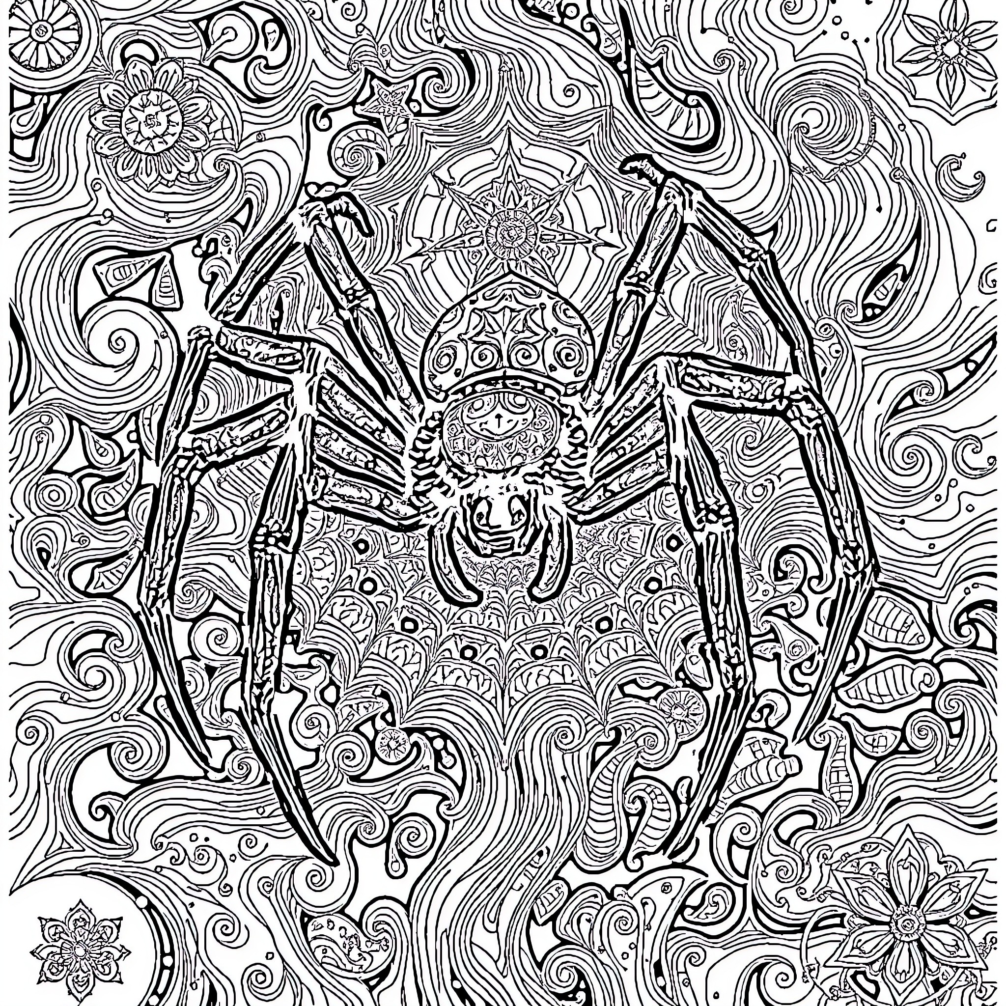 Spider of Intricate Designs and Patterns Coloring Page (free black-and-white line drawing printable PDF for all, from beginners to advanced learners, including children, teens, adults, and seniors)