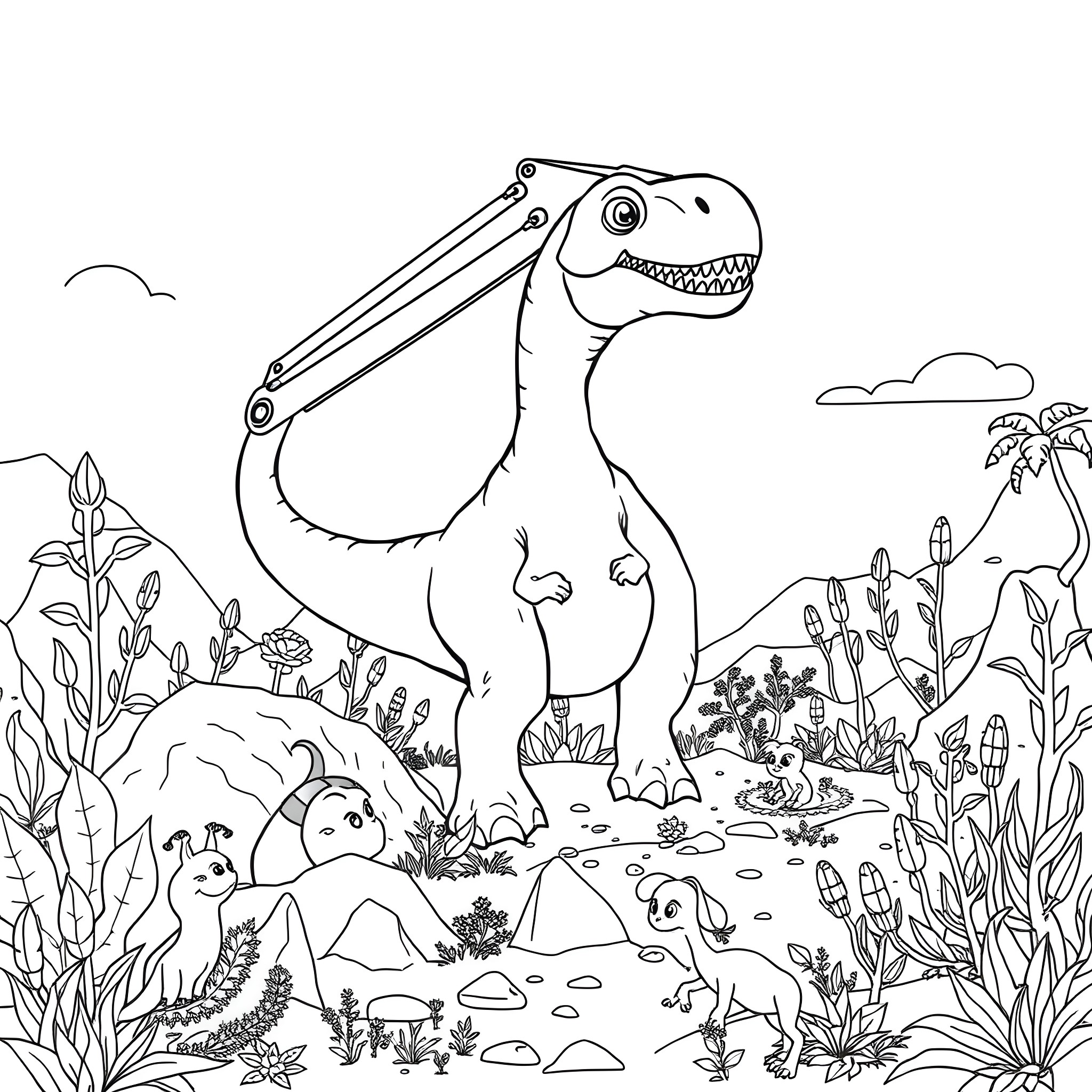 Excavator dinosaur exploring prehistoric landscape Coloring Page (free black-and-white line drawing printable PDF for all, from beginners to advanced learners, including children, teens, adults, and seniors)