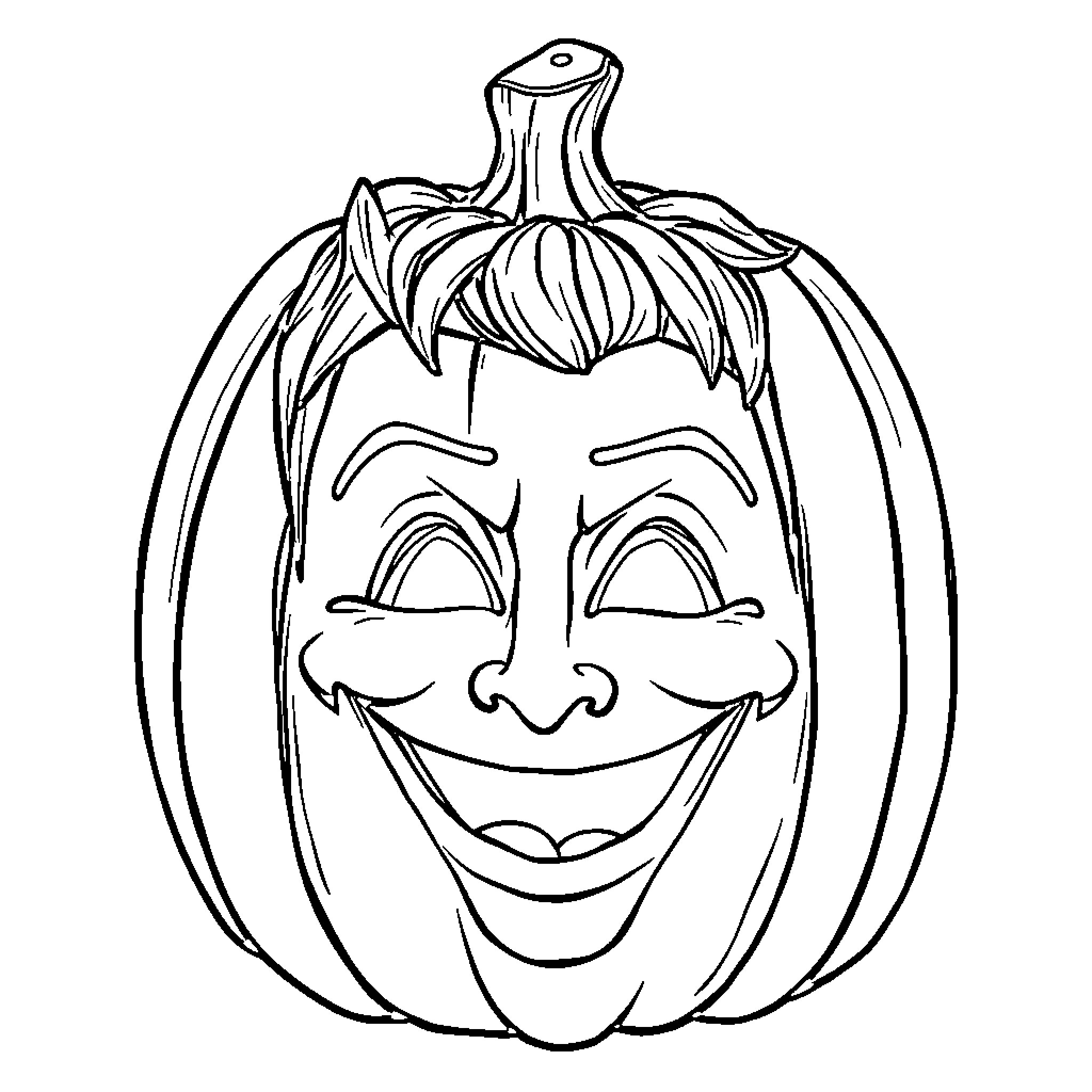 Pumpkin with a cheerful expression Coloring Page (free black-and-white line drawing printable PDF for all, from beginners to advanced learners, including children, teens, adults, and seniors)