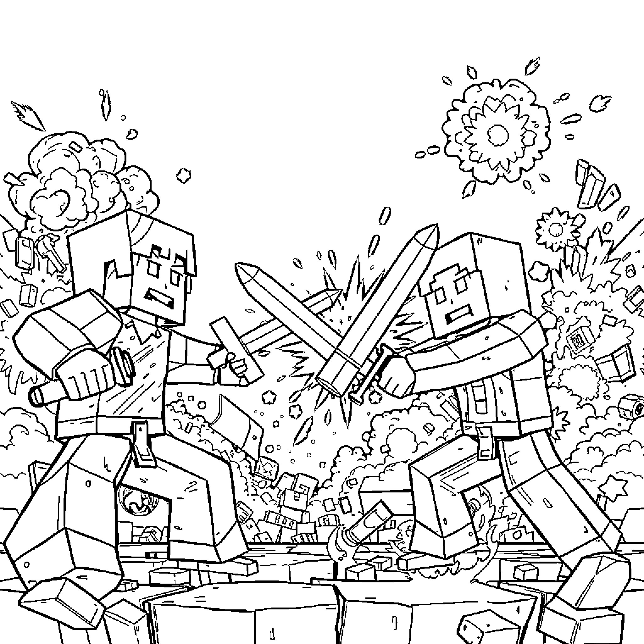 Minecraft Characters in Explosive Battle Chaos Coloring Page (free black-and-white line drawing printable PDF for all, from beginners to advanced learners, including children, teens, adults, and seniors)