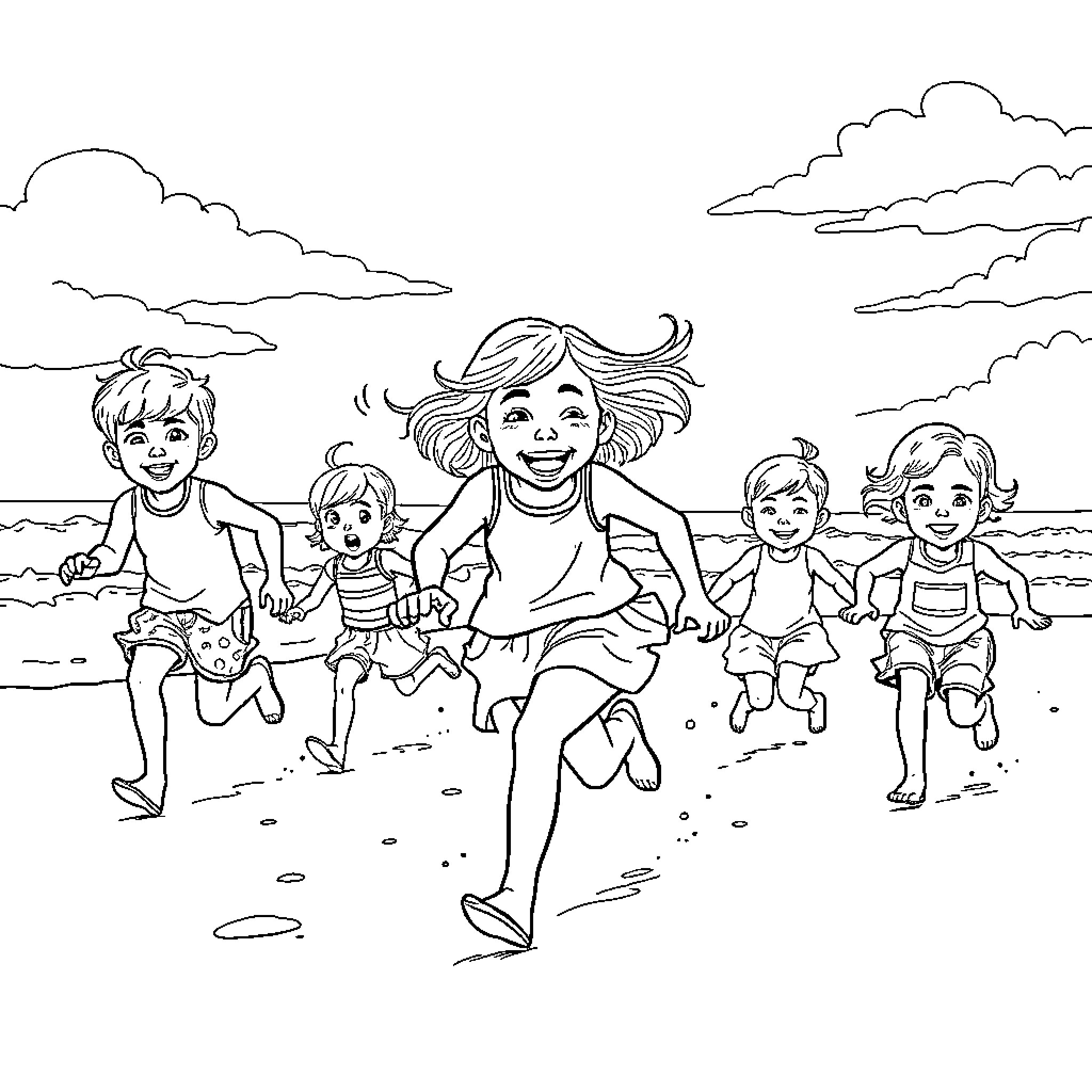 Children playing joyfully at the beach Coloring Page (free black-and-white line drawing printable PDF for all, from beginners to advanced learners, including children, teens, adults, and seniors)