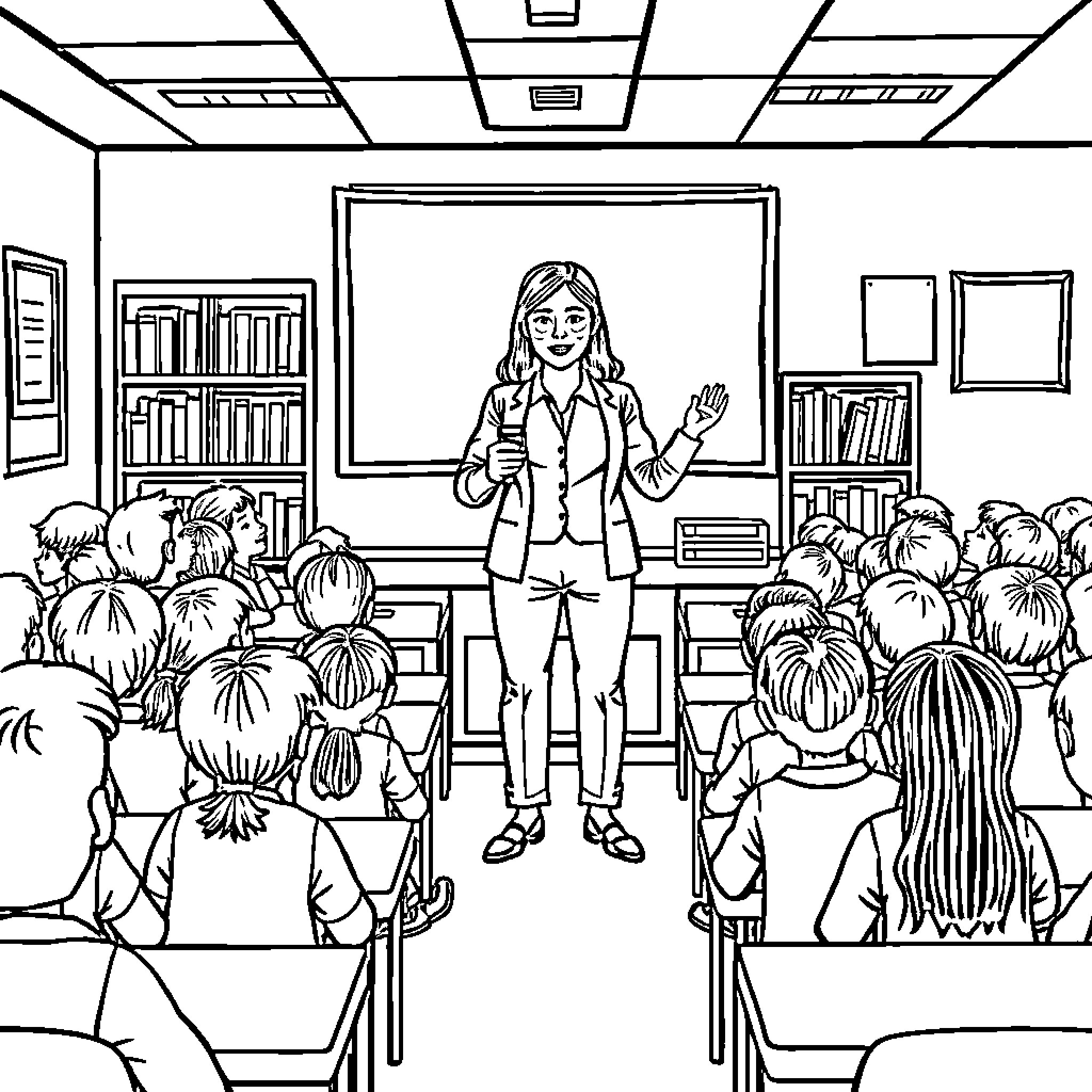 Teacher instructing students in classroom Coloring Page (free black-and-white line drawing printable PDF for all, from beginners to advanced learners, including children, teens, adults, and seniors)