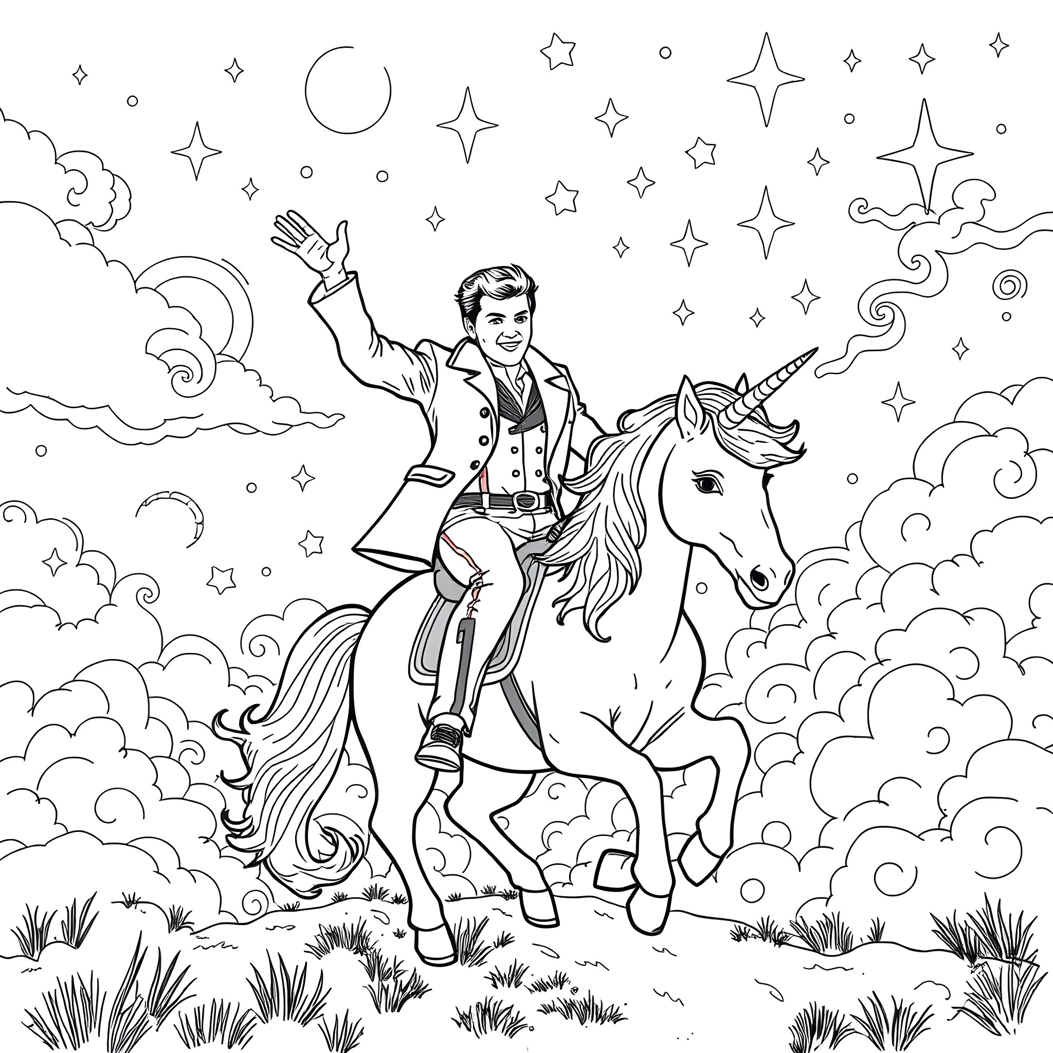 Elvis Presley riding a unicorn among cosmic stars Coloring Page (free black-and-white line drawing printable PDF for all, from beginners to advanced learners, including children, teens, adults, and seniors)