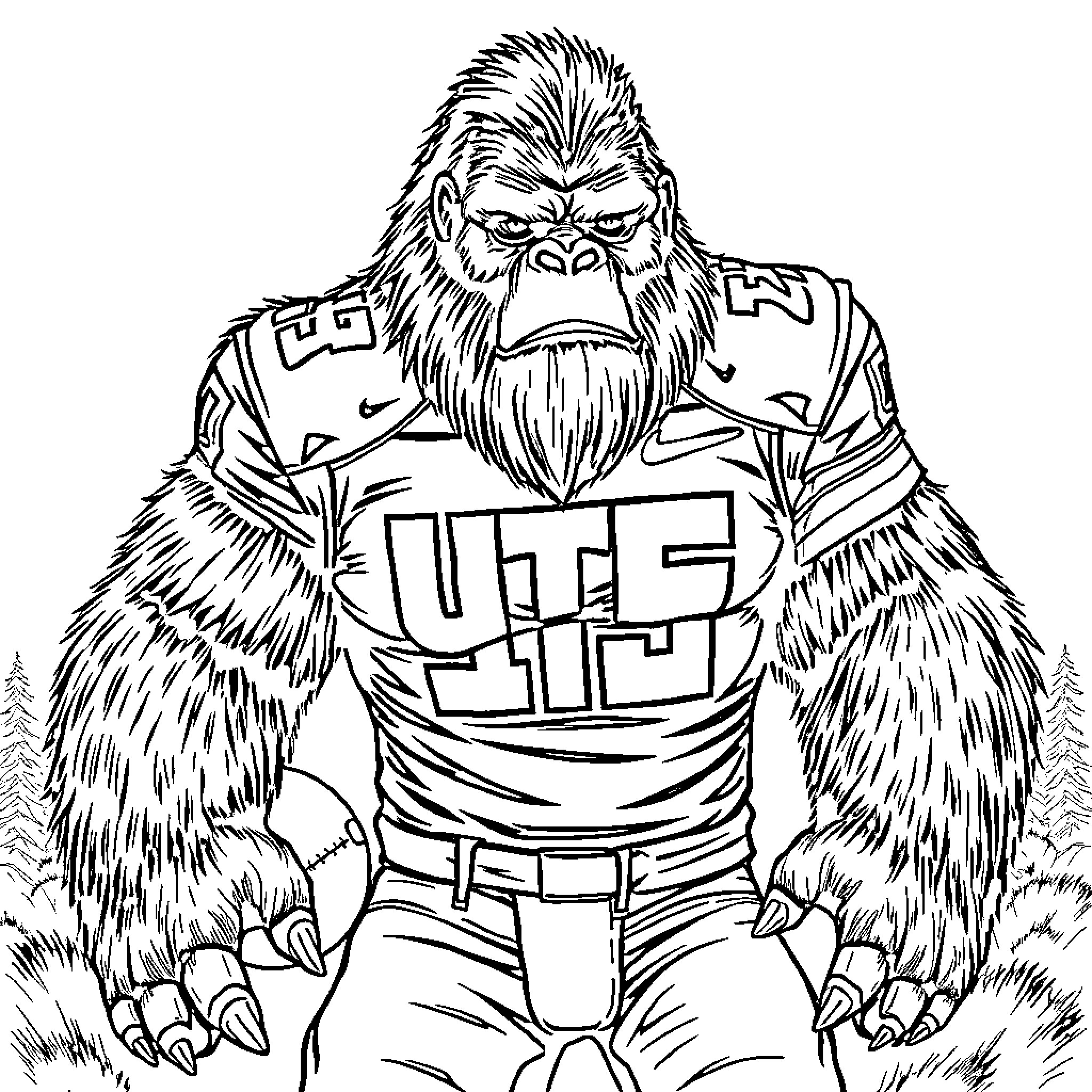 Bigfoot wearing football uniform in a forest Coloring Page (free black-and-white line drawing printable PDF for all, from beginners to advanced learners, including children, teens, adults, and seniors)