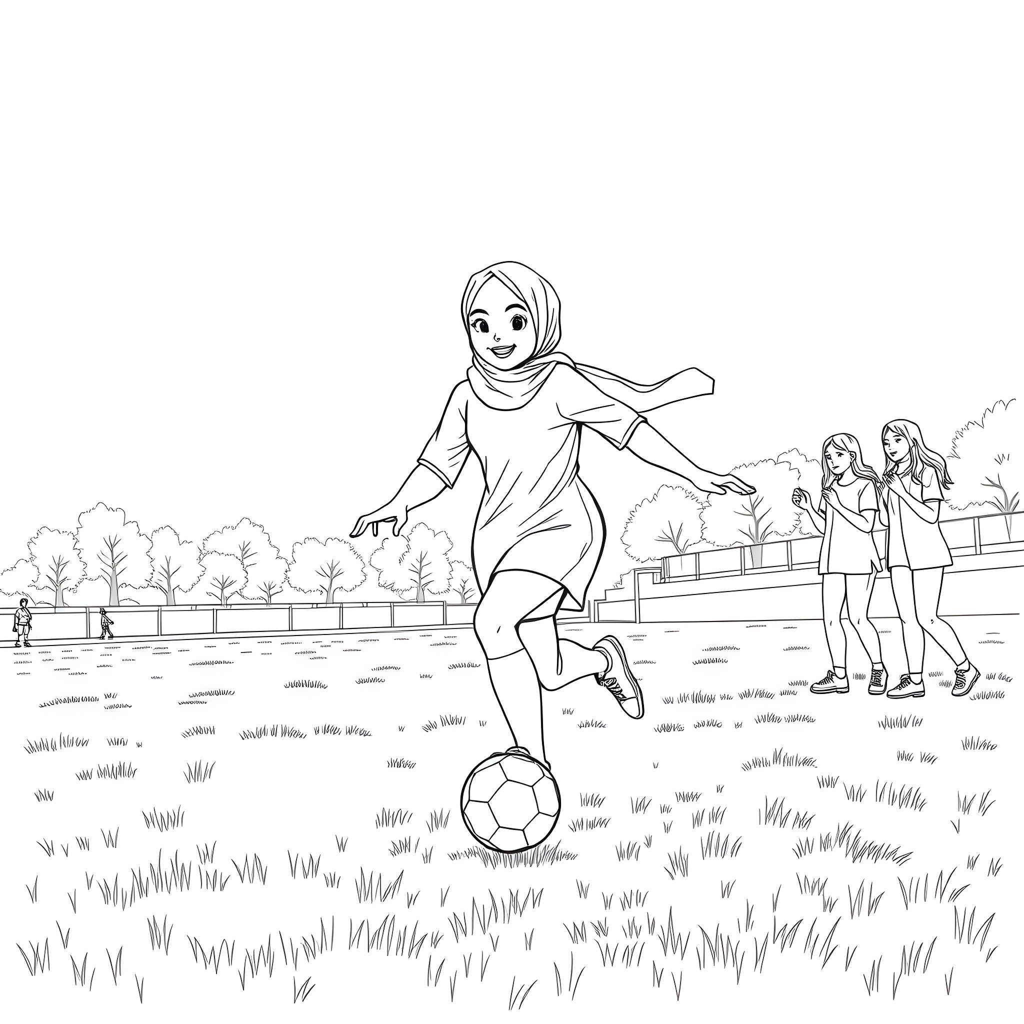 Hijabi Girl Joyfully Playing Soccer with Friends Coloring Page (free black-and-white line drawing printable PDF for all, from beginners to advanced learners, including children, teens, adults, and seniors)