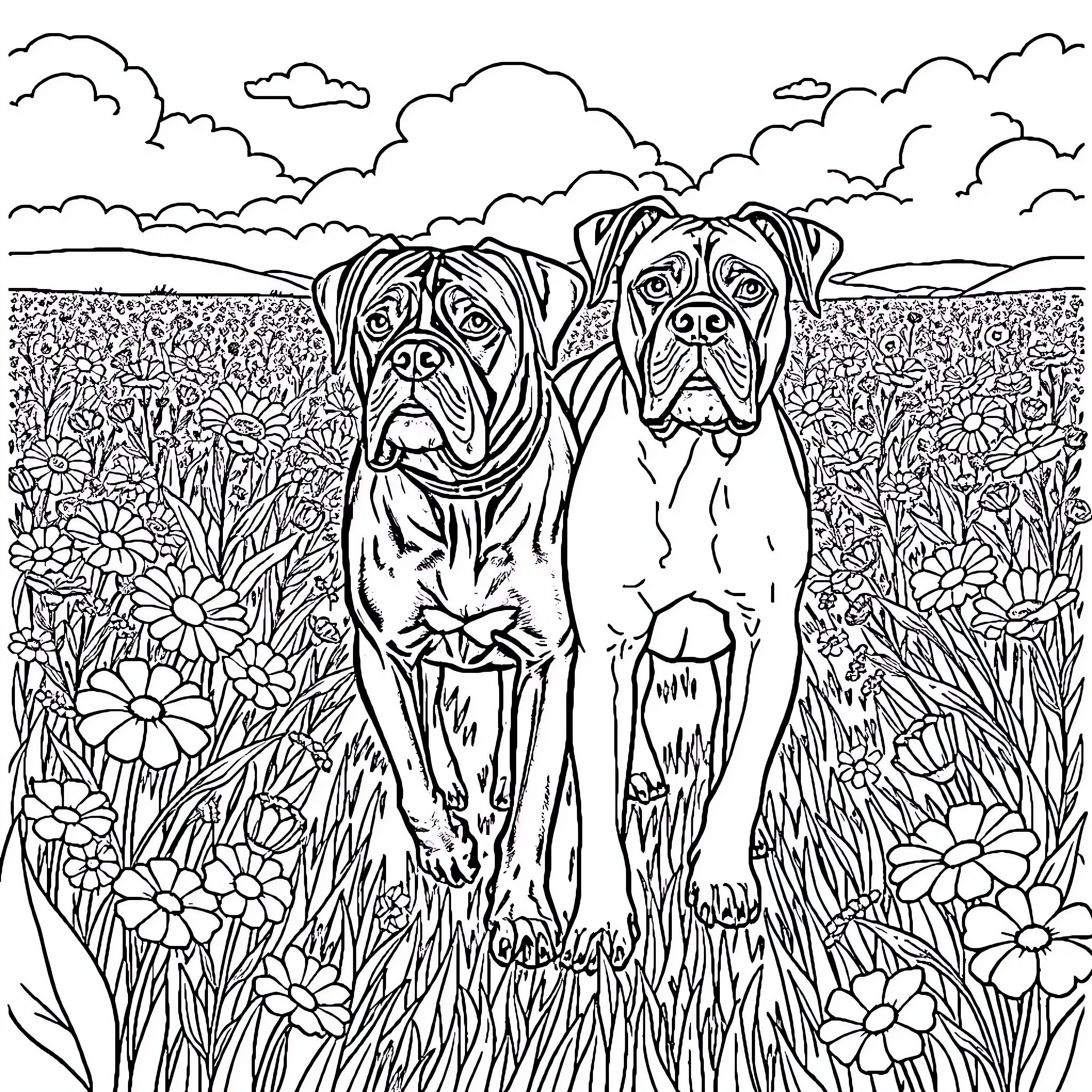 Mastiff dogs exploring a flower-filled meadow Coloring Page (free black-and-white line drawing printable PDF for all, from beginners to advanced learners, including children, teens, adults, and seniors)