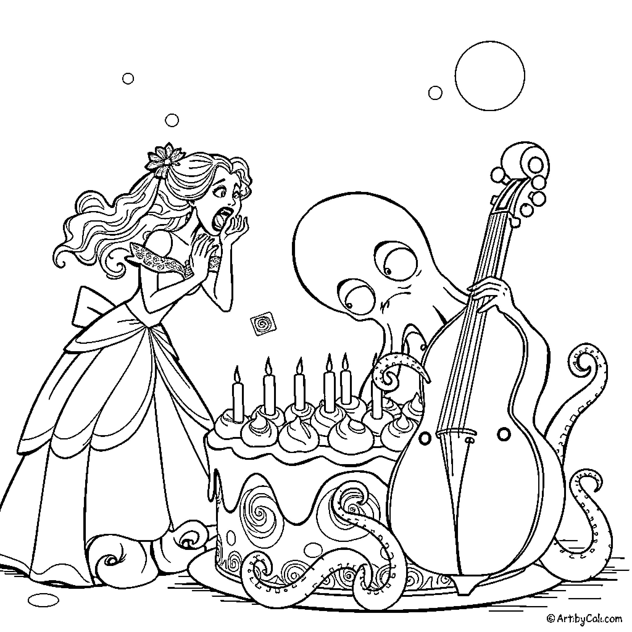 Princess celebrating her birthday with music and cake Coloring Page (free black-and-white line drawing printable PDF for all, from beginners to advanced learners, including children, teens, adults, and seniors)