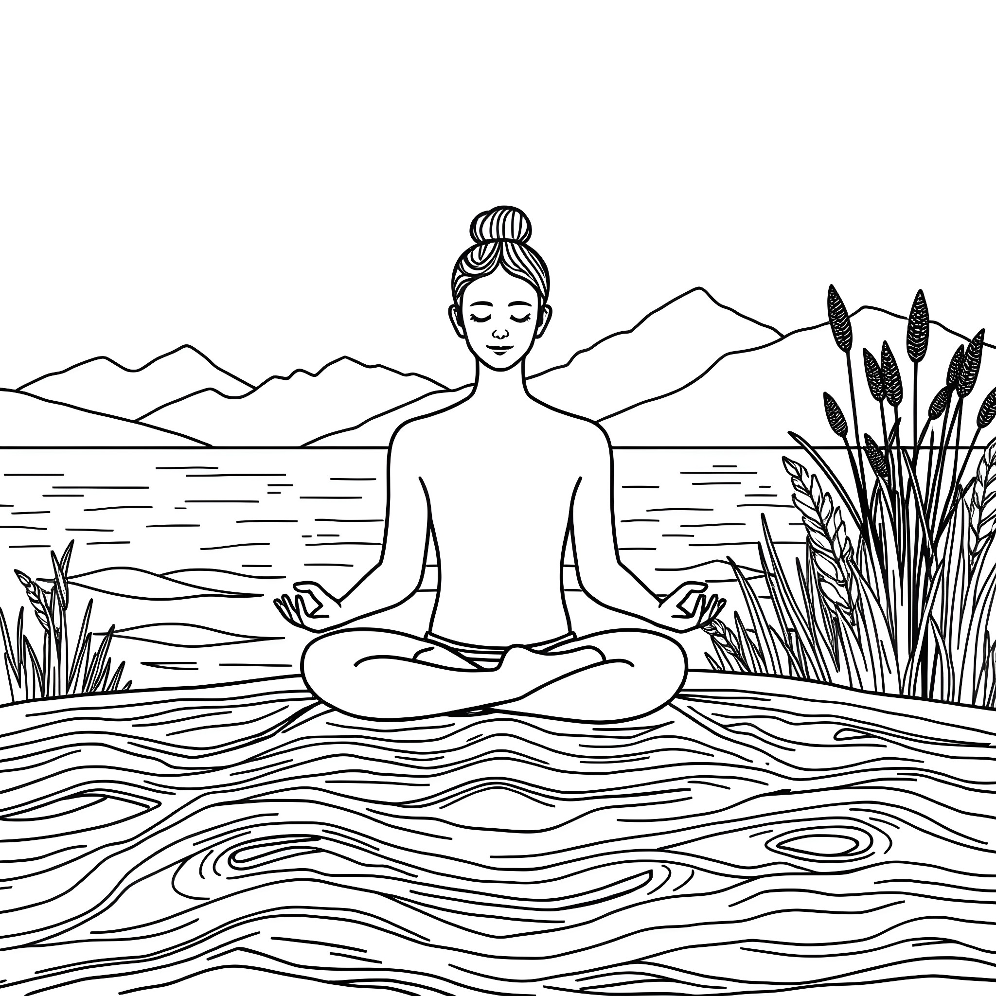 Mental Health Meditation by the Lake Coloring Page (free black-and-white line drawing printable PDF for all, from beginners to advanced learners, including children, teens, adults, and seniors)