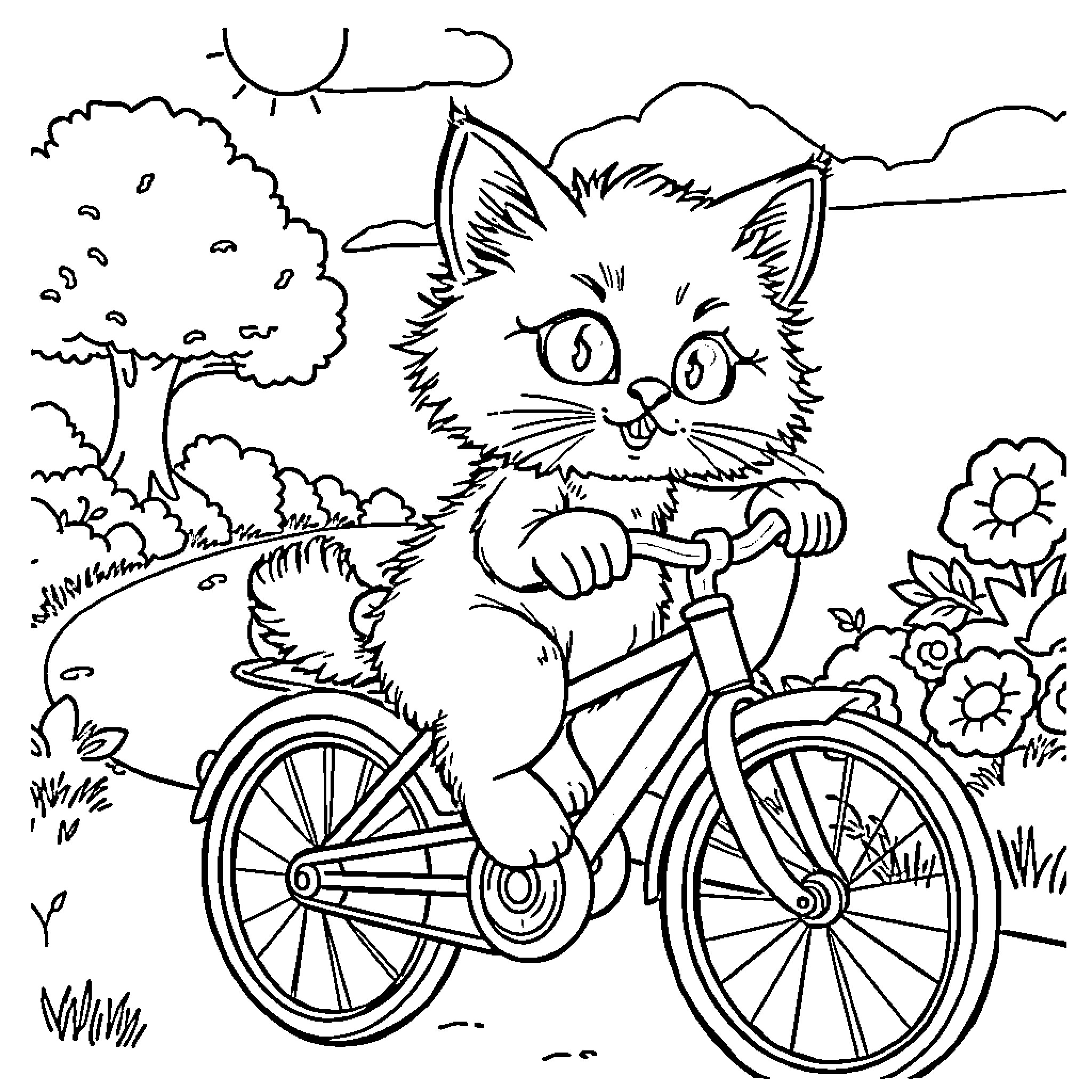Kitty riding a bicycle in the countryside Coloring Page (free black-and-white line drawing printable PDF for all, from beginners to advanced learners, including children, teens, adults, and seniors)