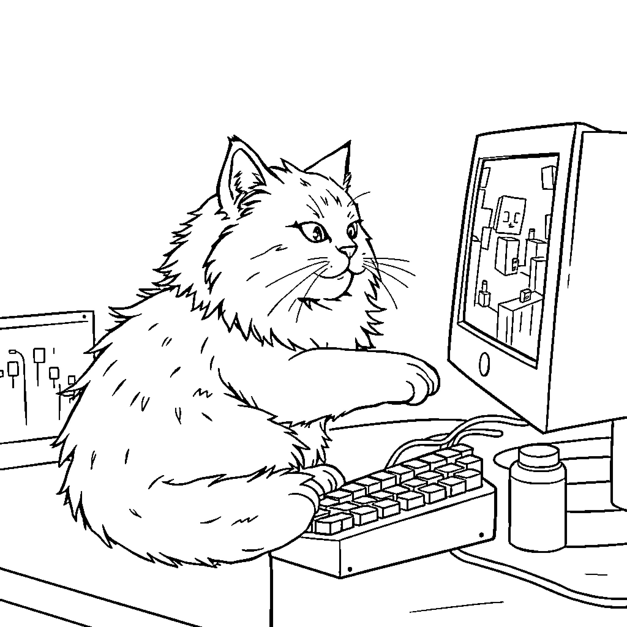 Cat Typing on Computer at Desk Coloring Page (free black-and-white line drawing printable PDF for all, from beginners to advanced learners, including children, teens, adults, and seniors)