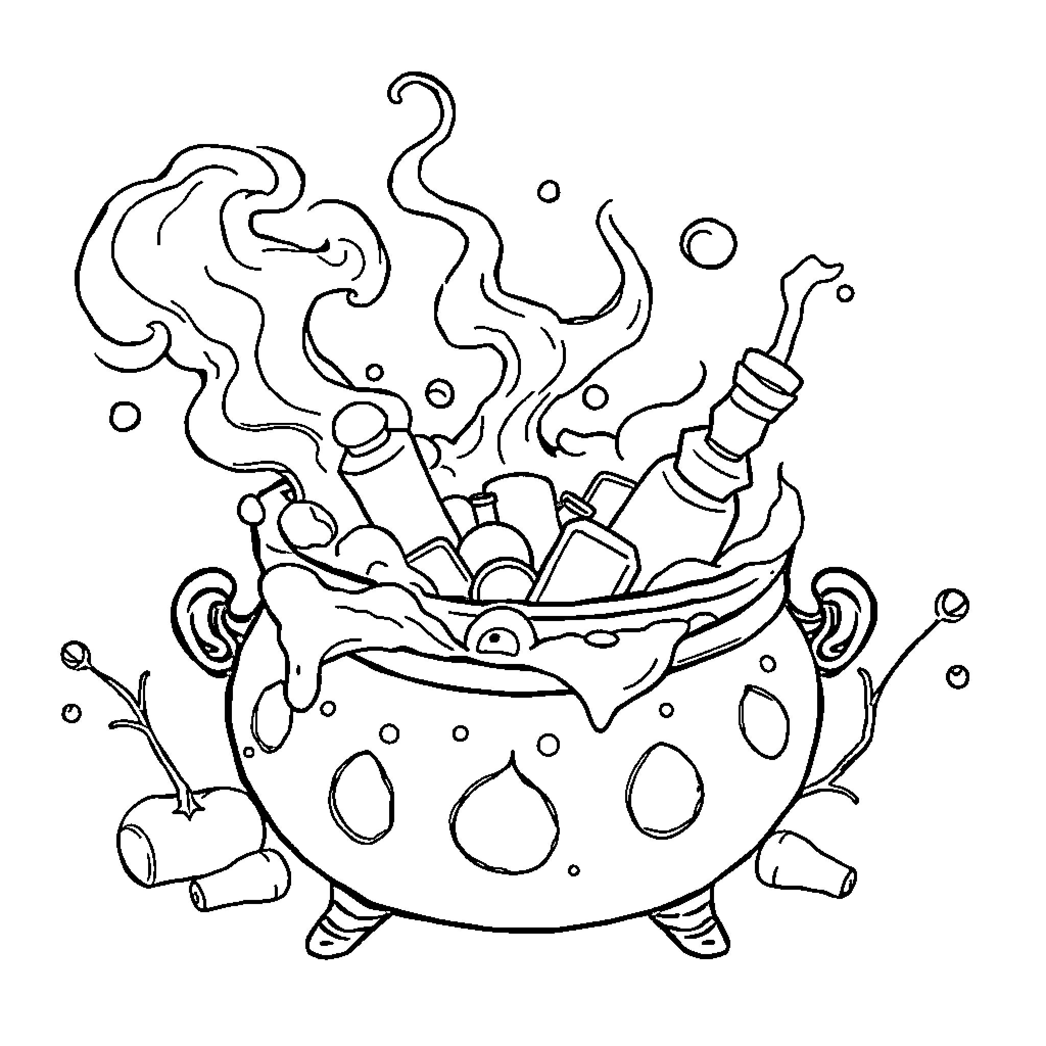 Potion of magical bubbles and ingredients Coloring Page (free black-and-white line drawing printable PDF for all, from beginners to advanced learners, including children, teens, adults, and seniors)