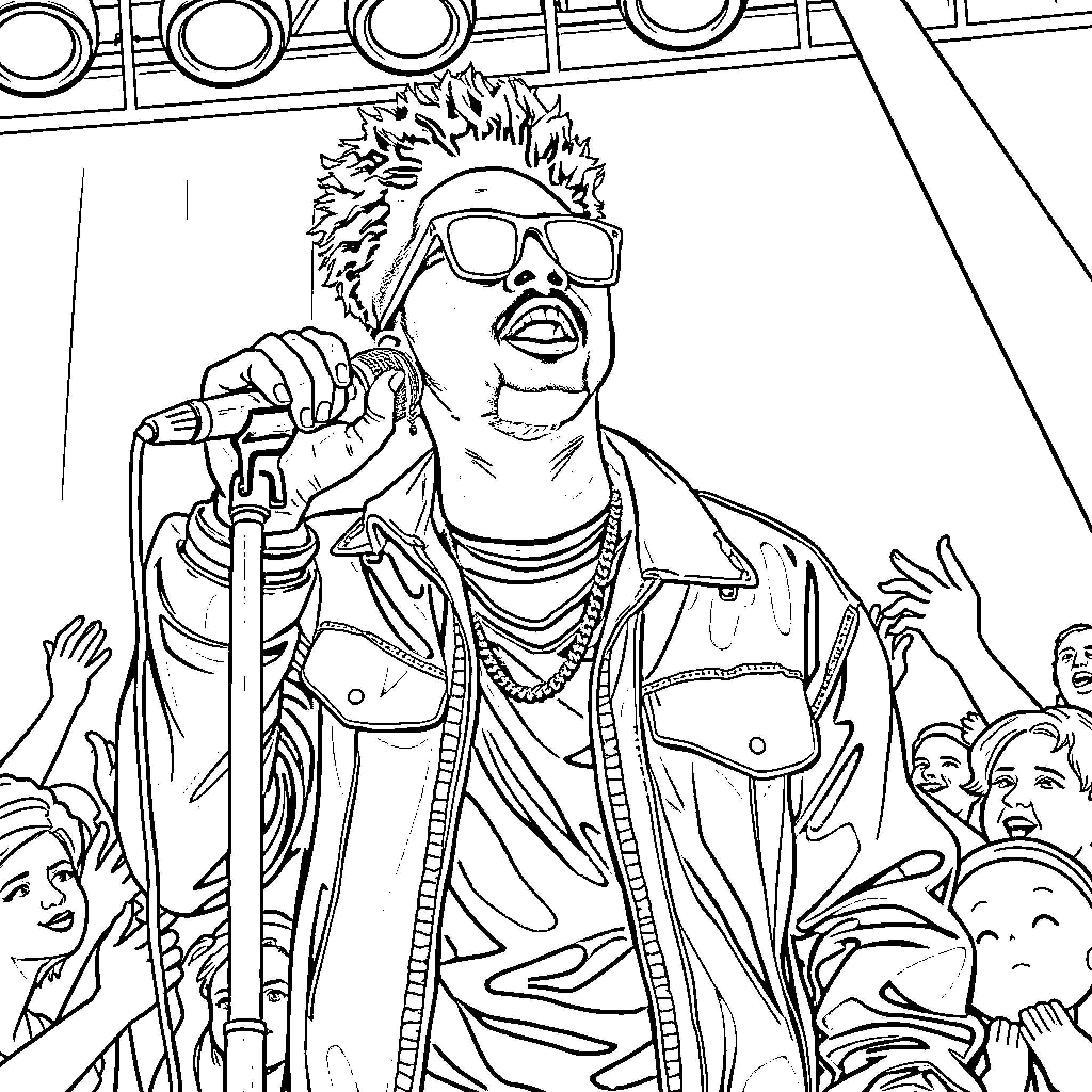 Juice WRLD performing on stage with enthusiastic crowd Coloring Page (free black-and-white line drawing printable PDF for all, from beginners to advanced learners, including children, teens, adults, and seniors)